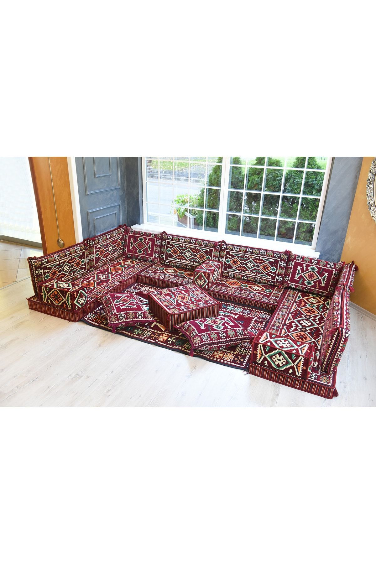 Şark Köşesi Takımı Konsepti Bordo Anadolu Modeli Koltuk Takımı Sünger Dahil (18 Parça)