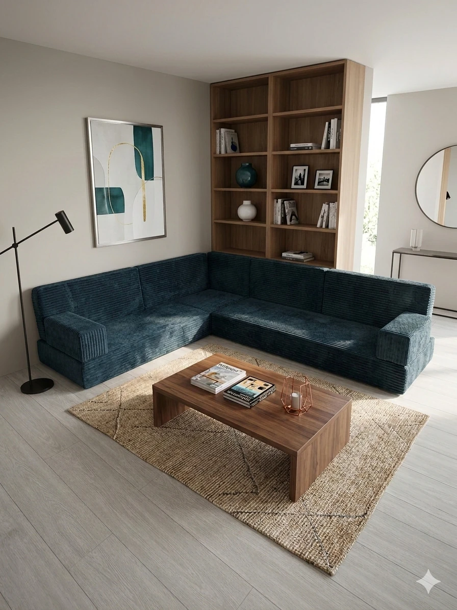 Premium Kadife Kumaş, Konforlu Yer Kanepesi ,Modüler Şark Köşesi Takımı - Mavi - L SET
