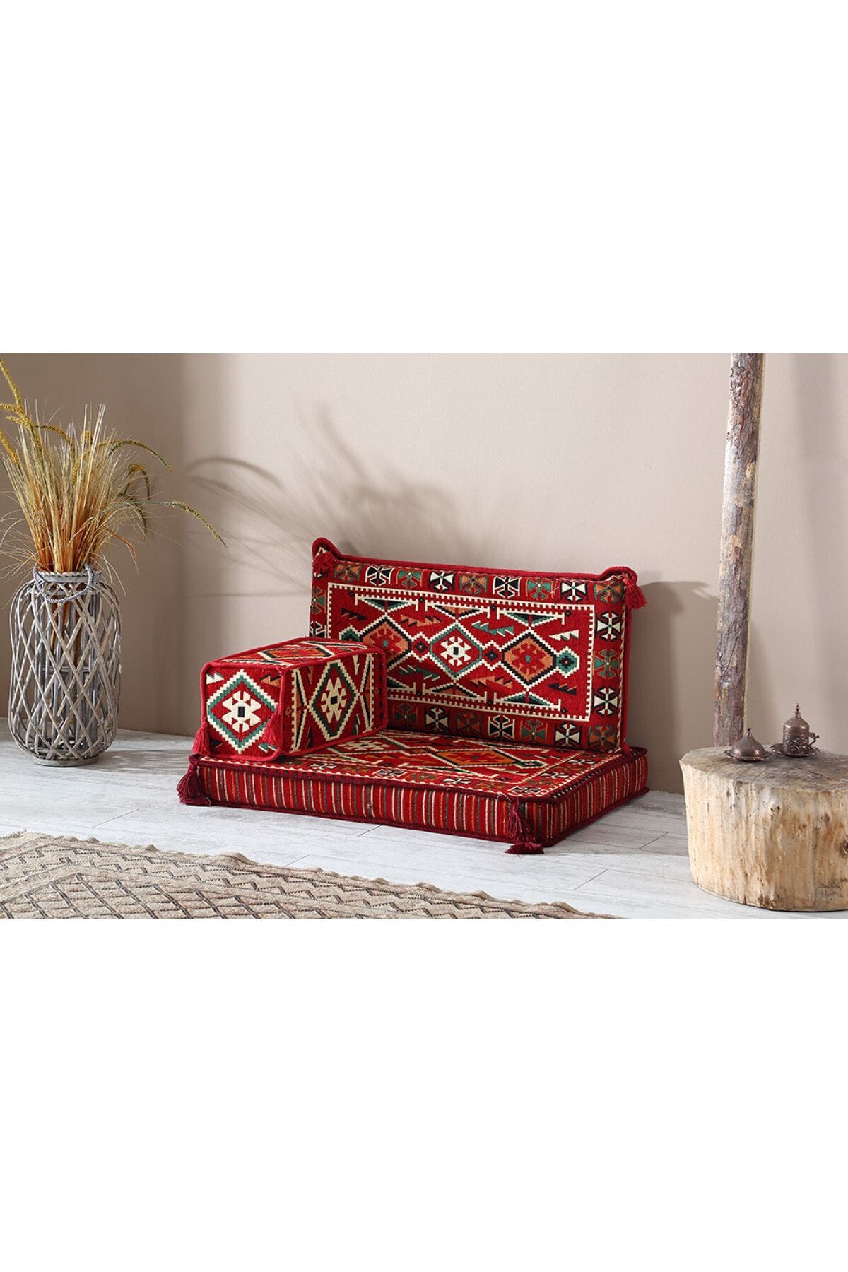 Şark Köşesi Takımı , 95 Cm Yer Minderi Takımı (sünger Dahil) Anadolu Kırmızı Modeli (3 Parça)