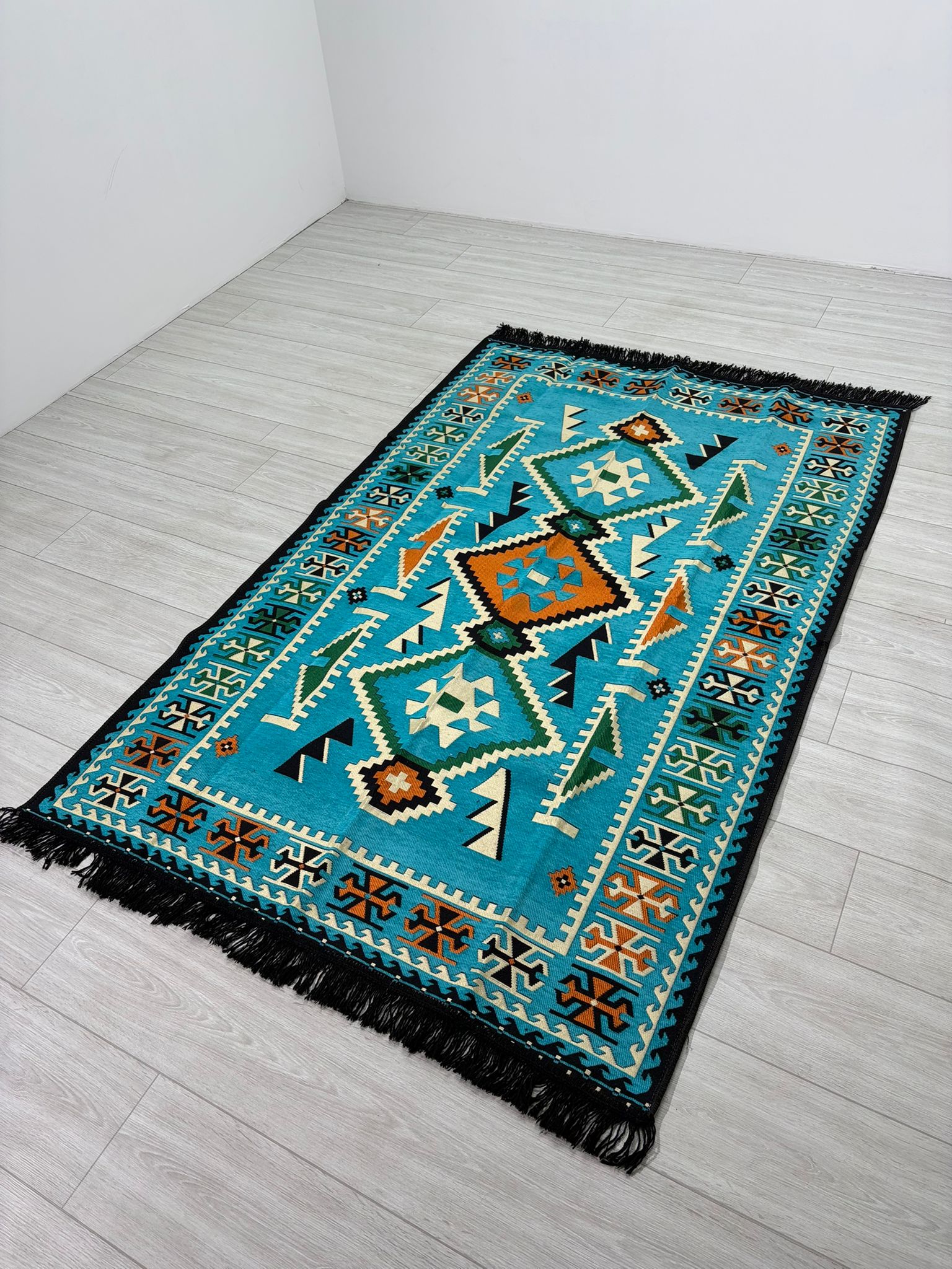 Pamuk Polyester Karışımlı Modern Otantik Kilim - Anadolu Turkuaz Modeli Yıkanabilir Kilim