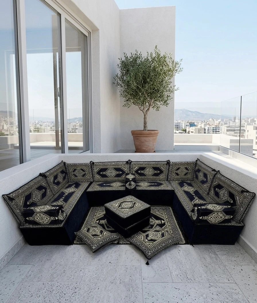 Lacivert Yahyalı Modeli U Şark Köşesi Seti (40 cm Ultra Süngerli) - 190x330x190 cm Çökmeyen Yer Minderli Tam Set 19 Parça