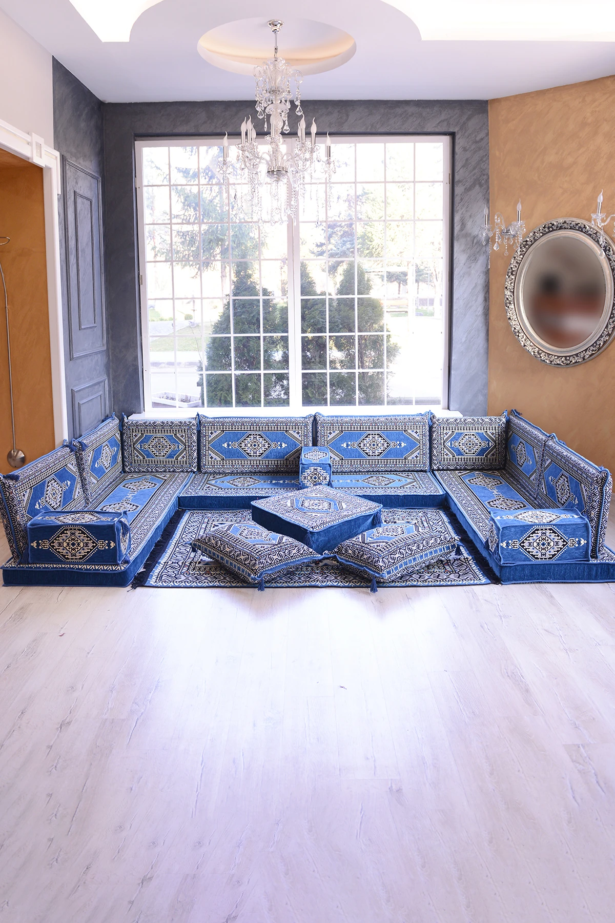 Şark Köşesi Takımı Konsepti Mavi Yahyalı Modeli Koltuk Takımı Sünger Dahil (18 Parça)