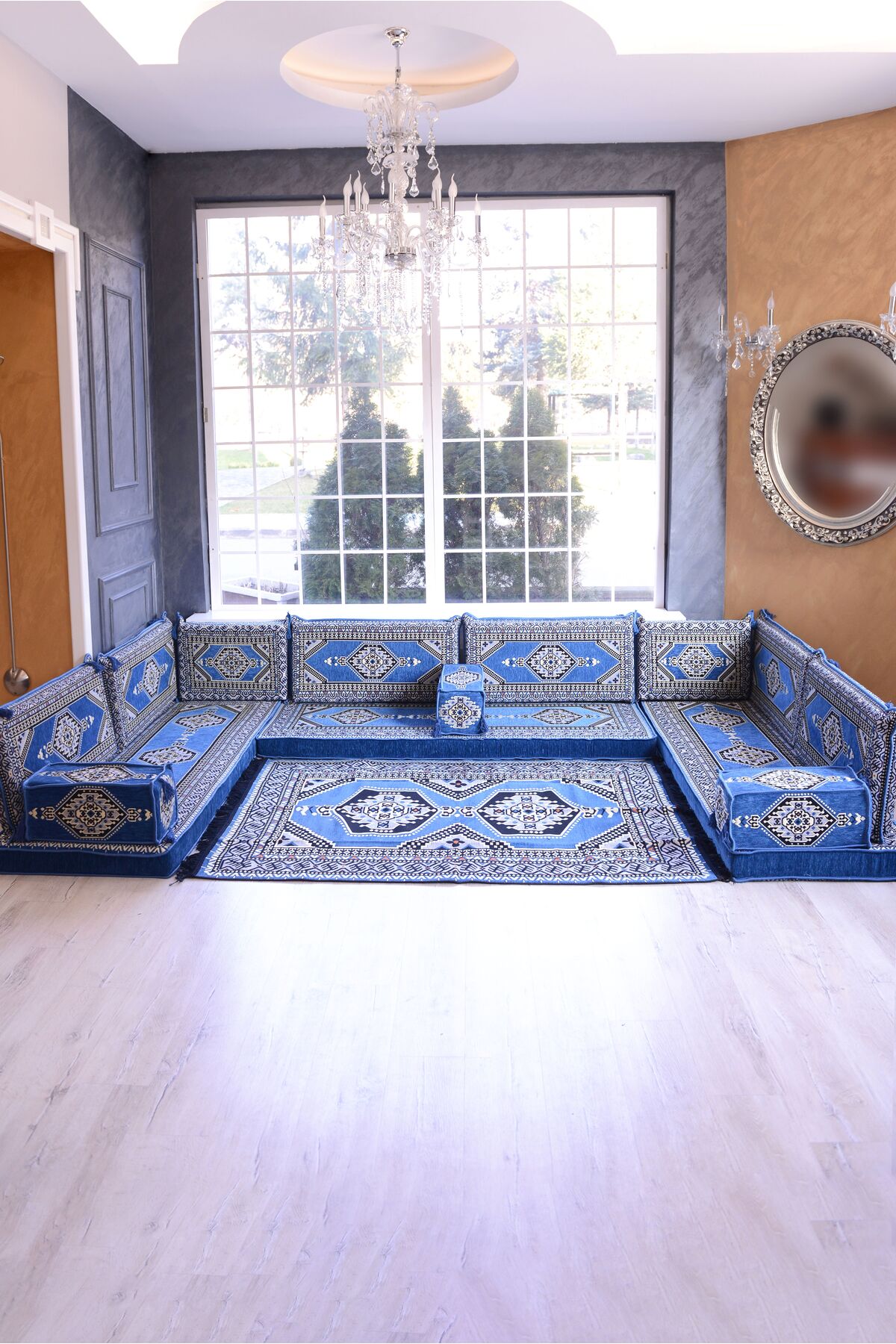 Şark Köşesi Takımı Konsepti Mavi Yahyalı Modeli Koltuk Takımı Sünger Dahil (15 Parça)