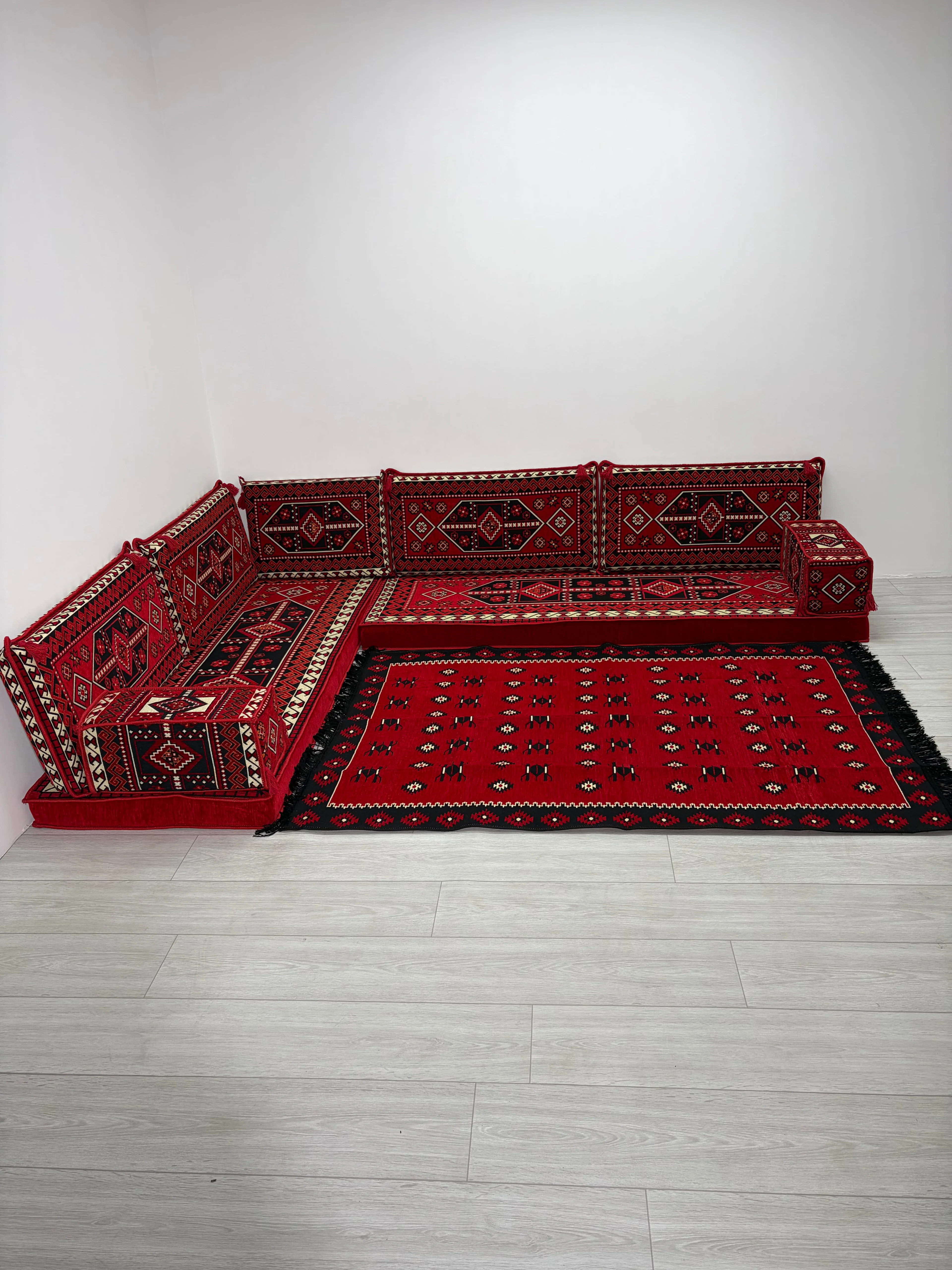 Sedir Deseni Şark Köşesi Takımı Yer Minderi Seti Sünger Dahil 10 Parça (Çökmeyen Sünger)