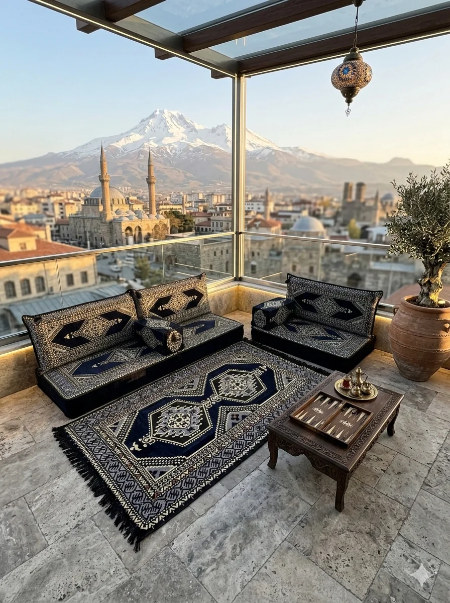 20 cm Kalınlıklı Şark Köşesi Takımı - 70x190 + 70x95 Lacivert Yahyalı Desenli Minder Seti