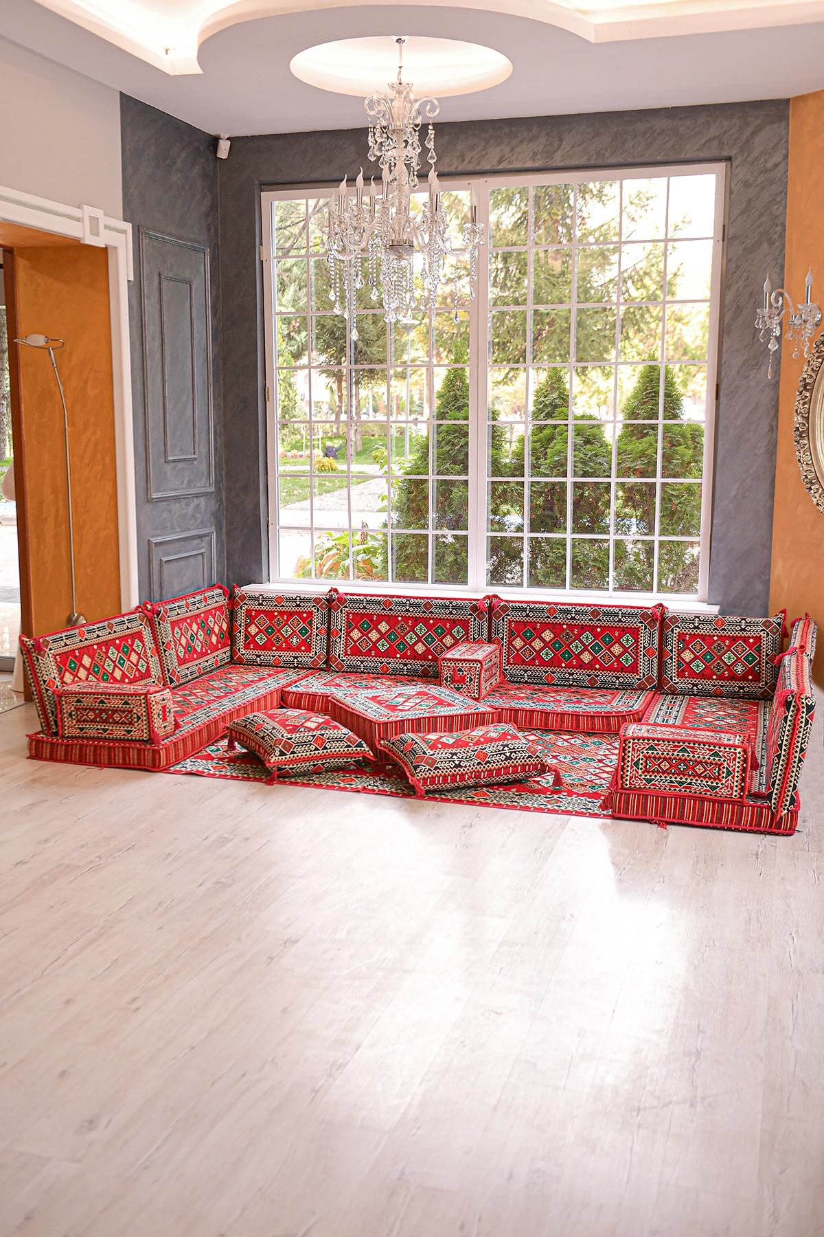 Şark Köşesi Takımı Konsepti Kırmızı Şili Modeli Koltuk Takımı Sünger Dahil (18 Parça)