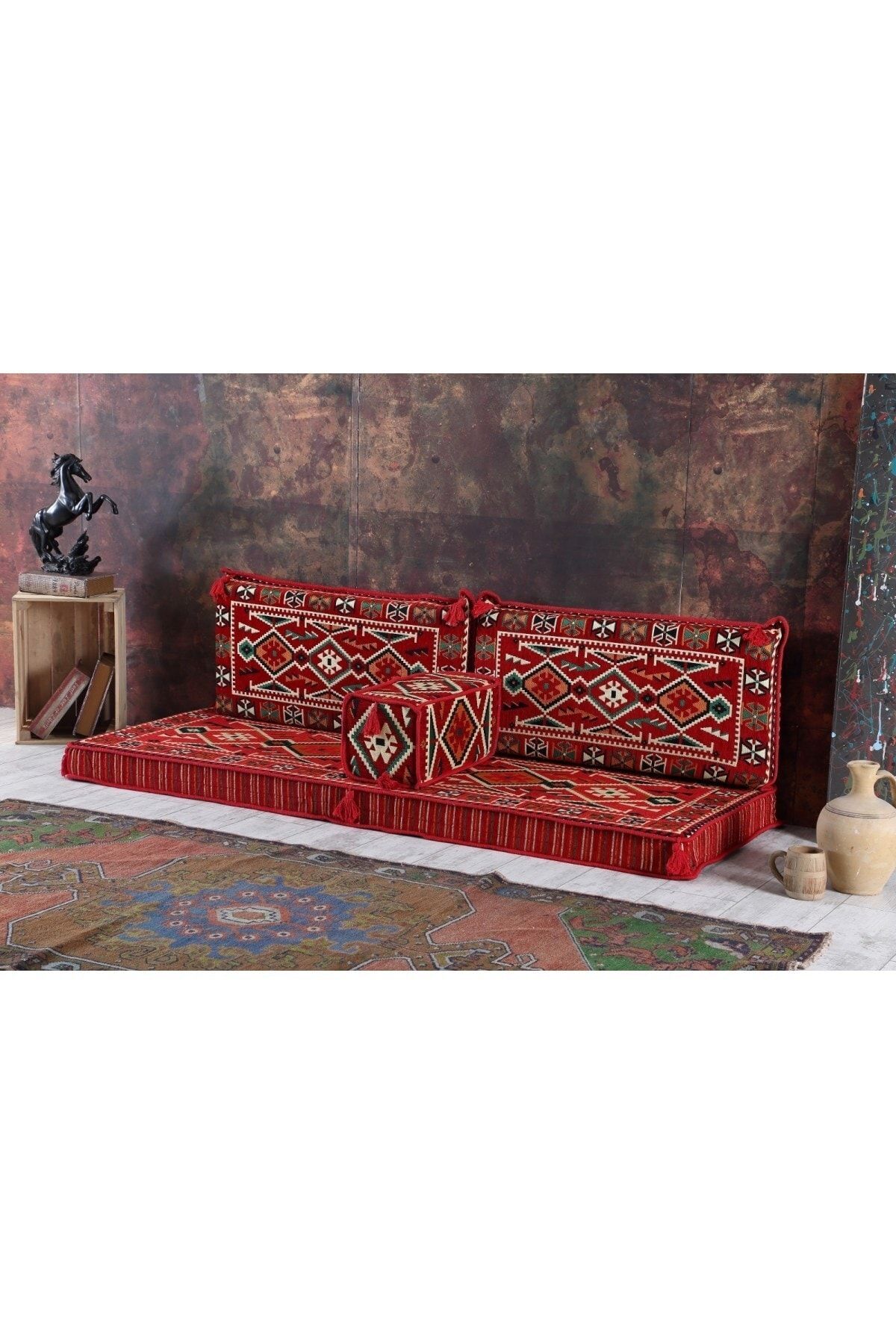 Şark Köşesi Takımı Konsepti Kırmızı Anadolu Modeli Koltuk Takımı Sünger Dahil (15 Parça)
