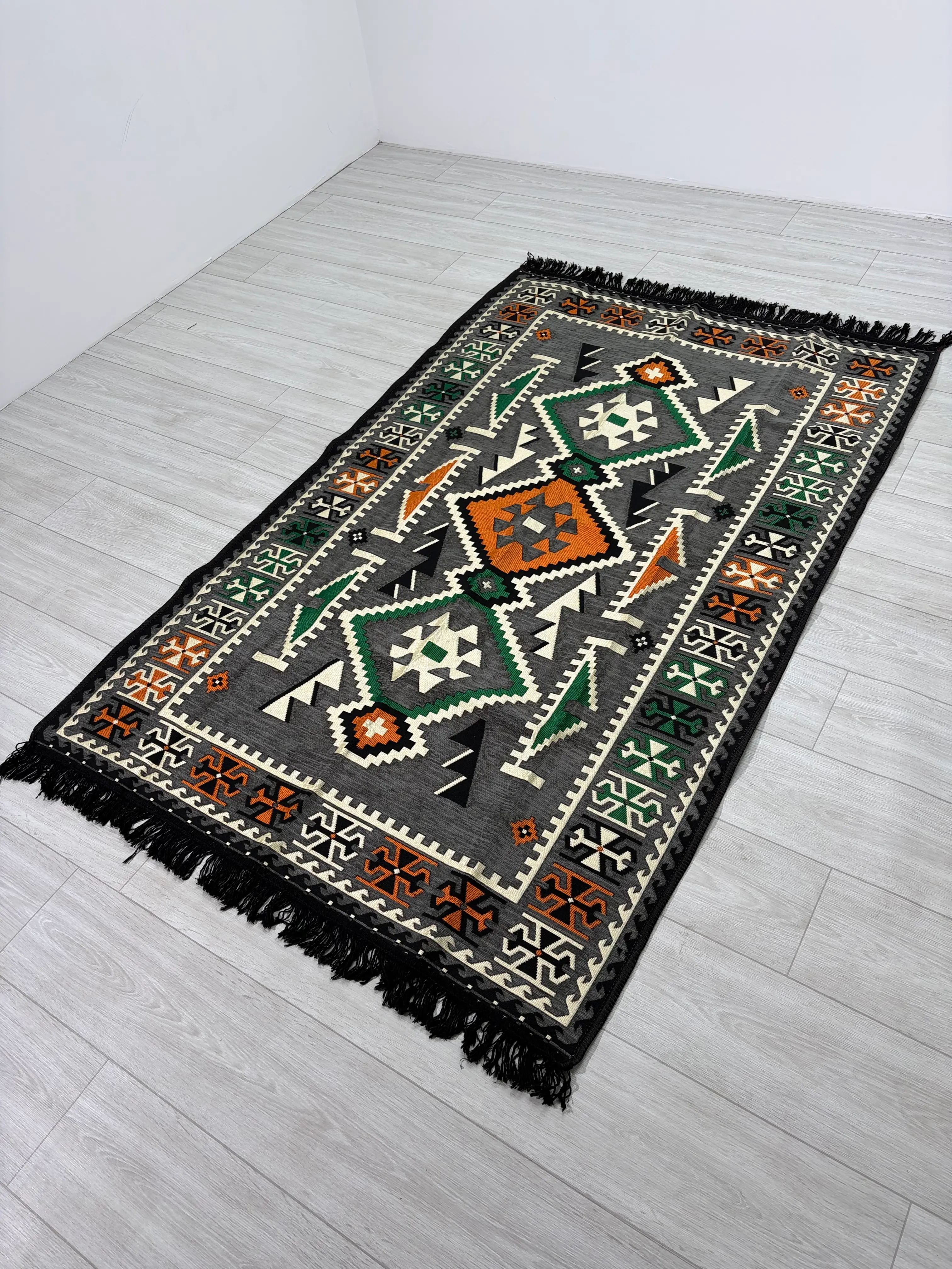 Pamuk Polyester Karışımlı Modern Otantik Kilim - Anadolu Gri Modeli Yıkanabilir Kilim