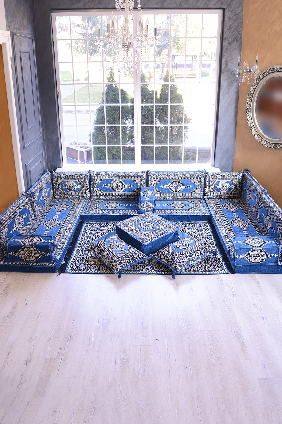 Şark Köşesi Takımı Konsepti Mavi Yahyalı Modeli Koltuk Takımı Sünger Dahil (18 Parça)