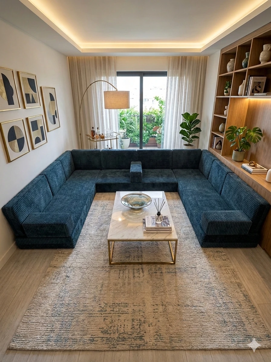 Premium Kadife Kumaş, Konforlu Yer Kanepesi ,Modüler Şark Köşesi Takımı - Mavi - U SET