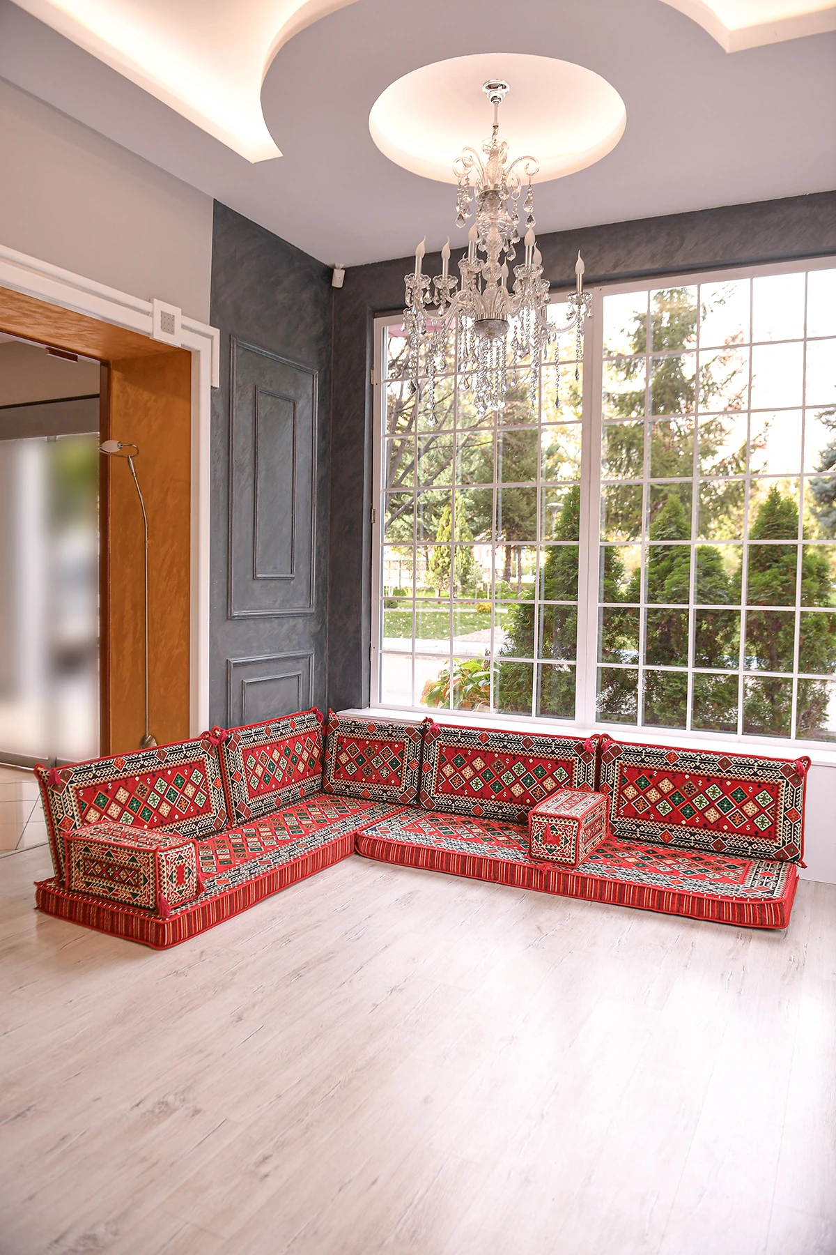 Şark Köşesi Takımı Konsepti Kırmızı Şili Modeli Koltuk Takımı Sünger Dahil (9 Parça)