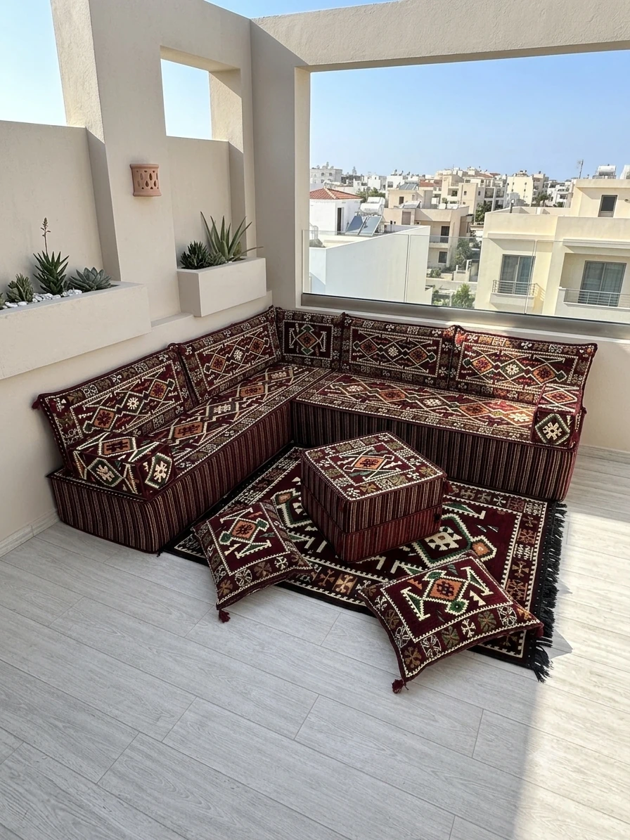40 cm Kalın Süngerli Bordo Anadolu Motifli Şark Köşesi - Kilim Desenli L Yer Minderi ve Halı Seti