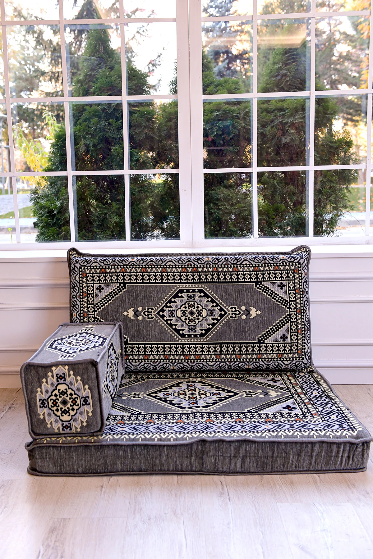 Şark Köşesi Takımı , 95 Cm Yer Minderi Takımı Gri Yahyalı Modeli (3 Parça)