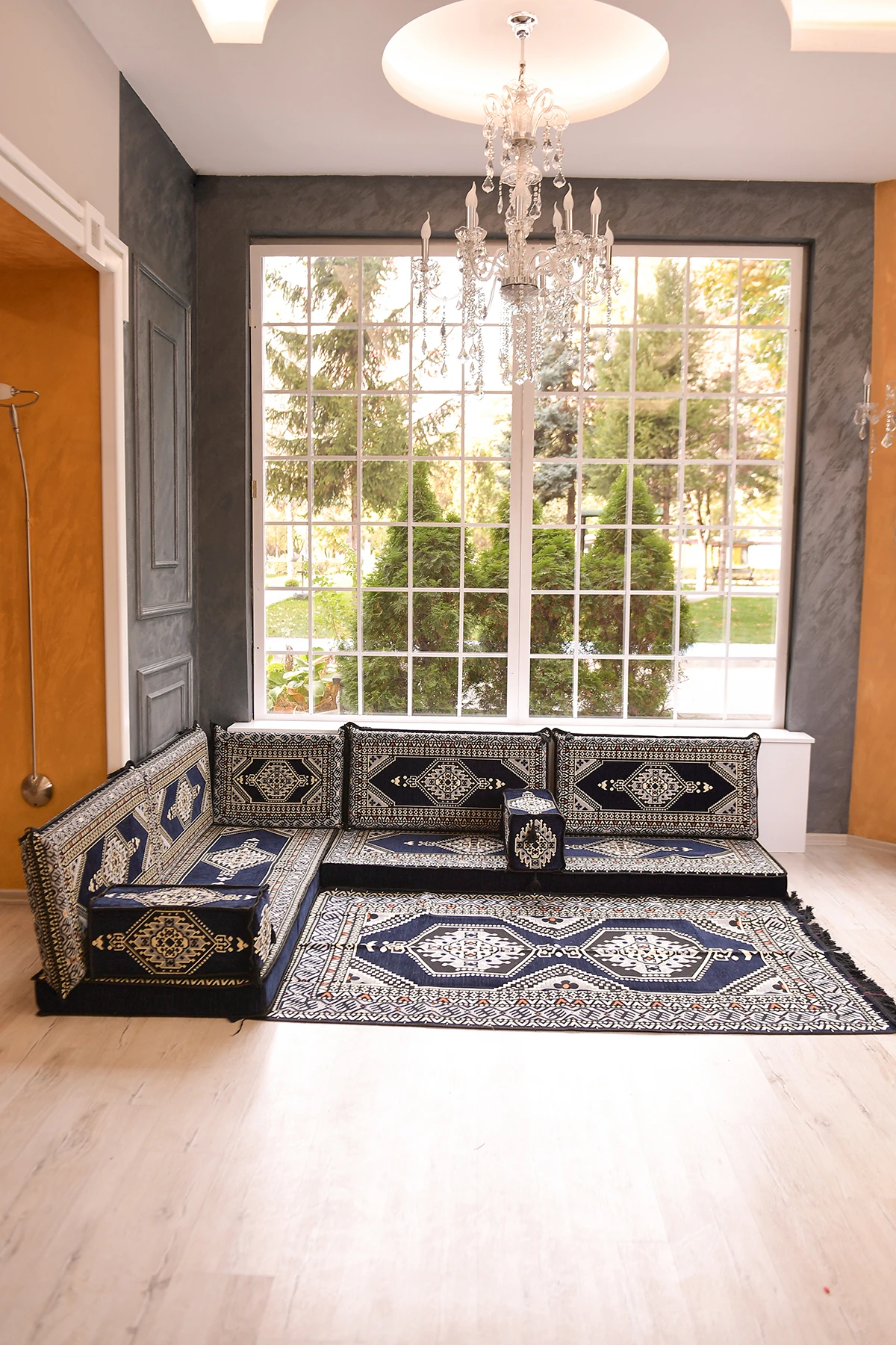 Şark Köşesi Takımı Konsepti Yahyalı Lacivert Modeli Koltuk Takımı Sünger Dahil (10 Parça)