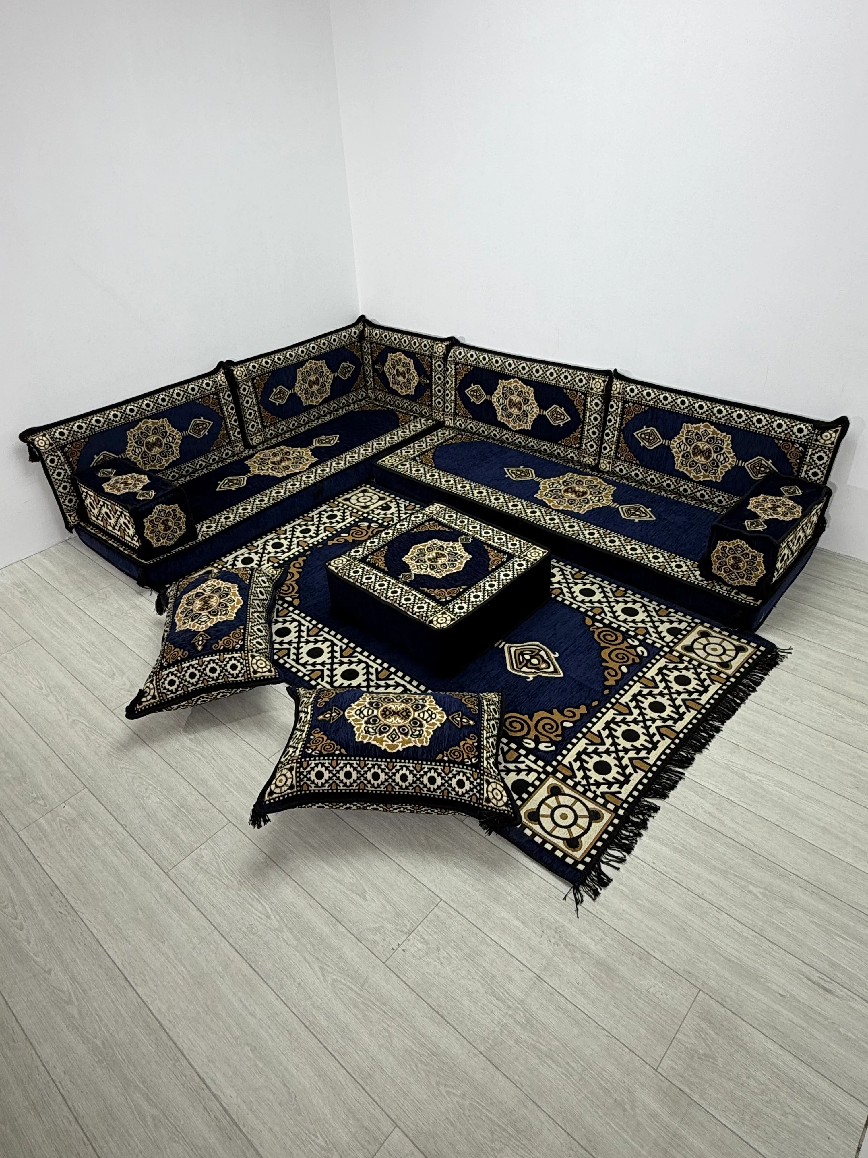 Güneş Modeli Lacivert Otantik Şark Köşesi Takımı – L SET - Geleneksel Yer Minderi Seti (10 Cm Minder Kalınlığı) 
