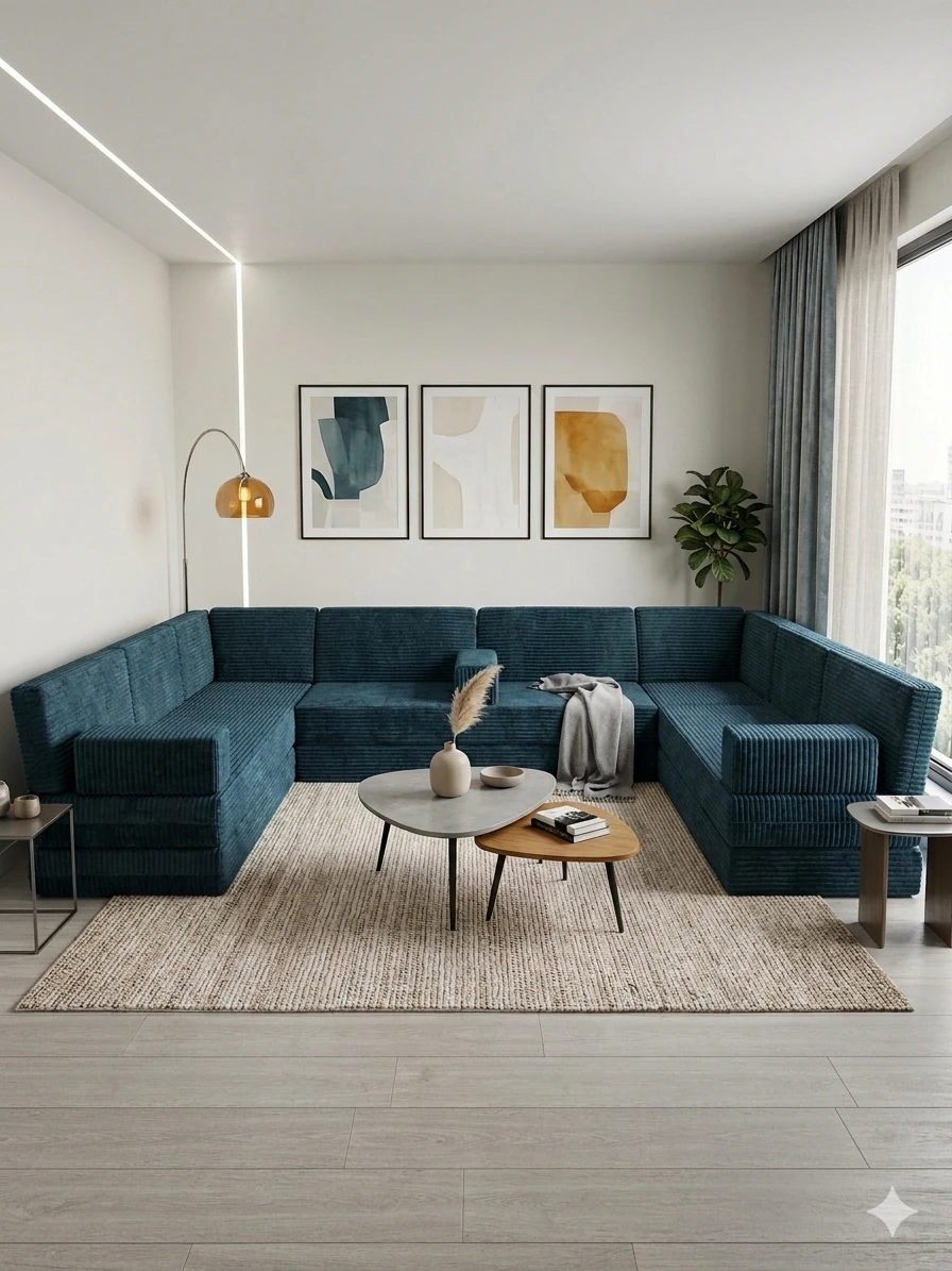 Premium Kadife Kumaş, Konforlu Yer Kanepesi ,Modüler Şark Köşesi Takımı - Mavi - U SET
