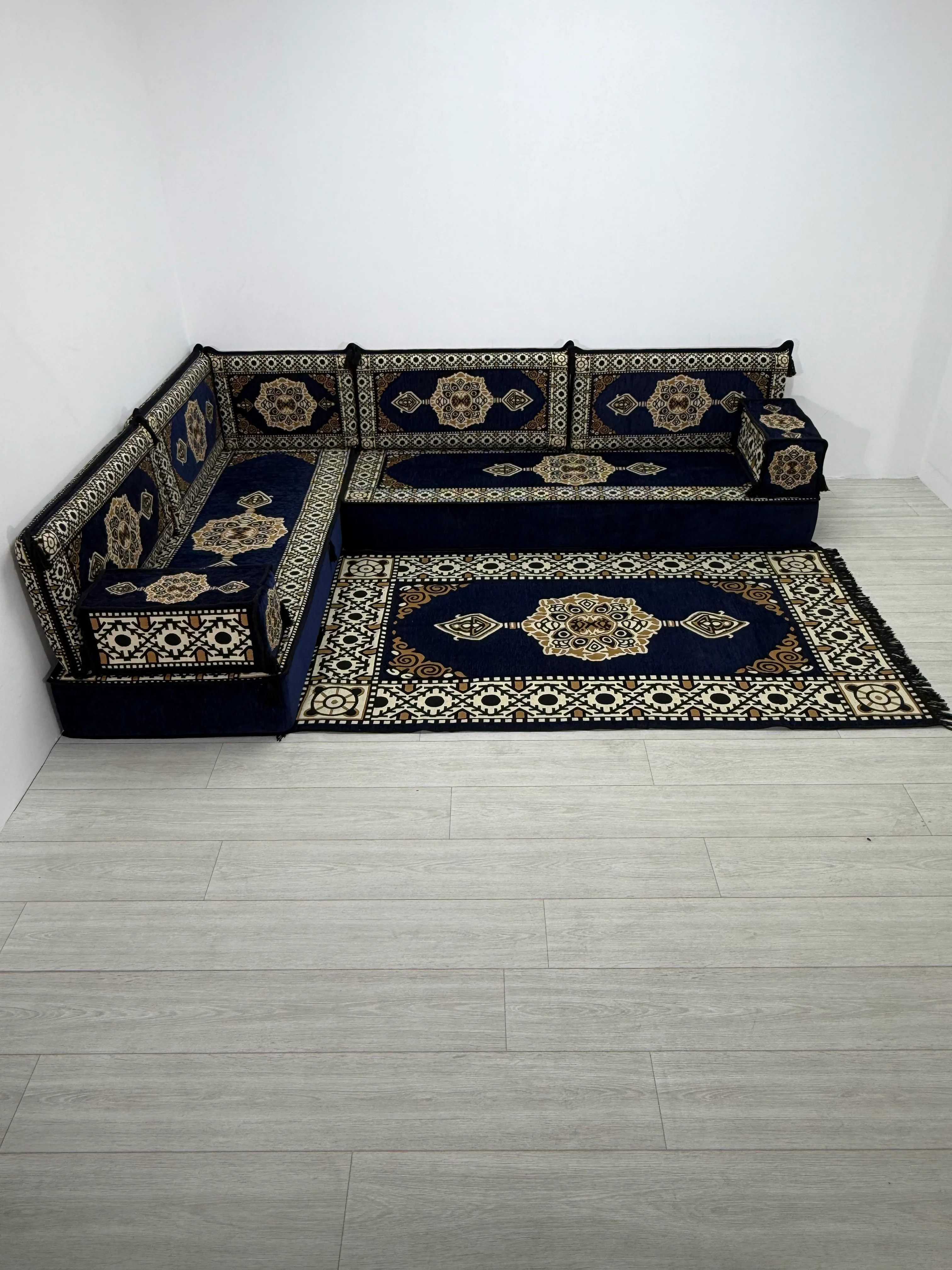 Güneş Modeli Lacivert Şark Köşesi Takımı – L SET - Geleneksel Yer Minderi Seti (20 Cm Minder Kalınlığı) 