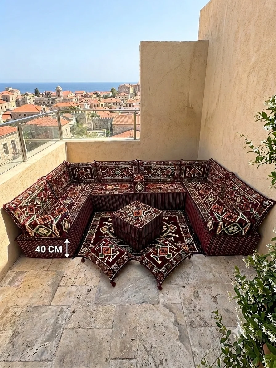 Bordo Anadolu Modeli U Şark Köşesi Seti (40 cm Ultra Süngerli) - 190x330x190 cm Çökmeyen Yer Minderli Tam Set 19 Parça
