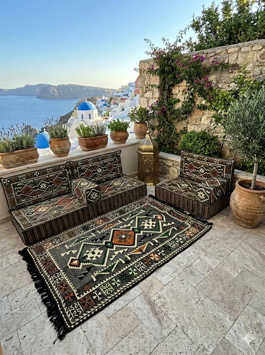 20 cm Kalınlıklı Şark Köşesi Takımı - 70x190 + 70x95 Anadolu Gri Desenli Minder Seti