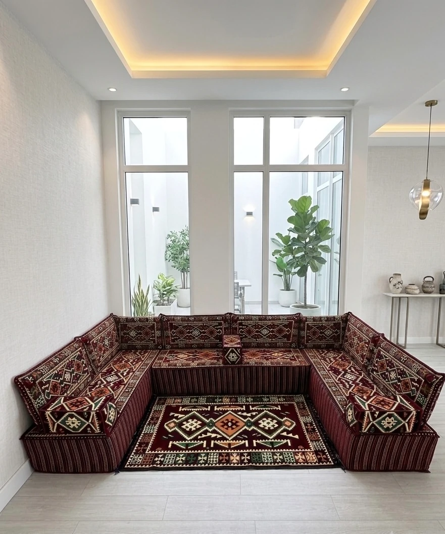 Bordo Anadolu Modeli Şark Köşesi - 40 cm Kalın Süngerli Teras ve Balkon Sedir Takımı