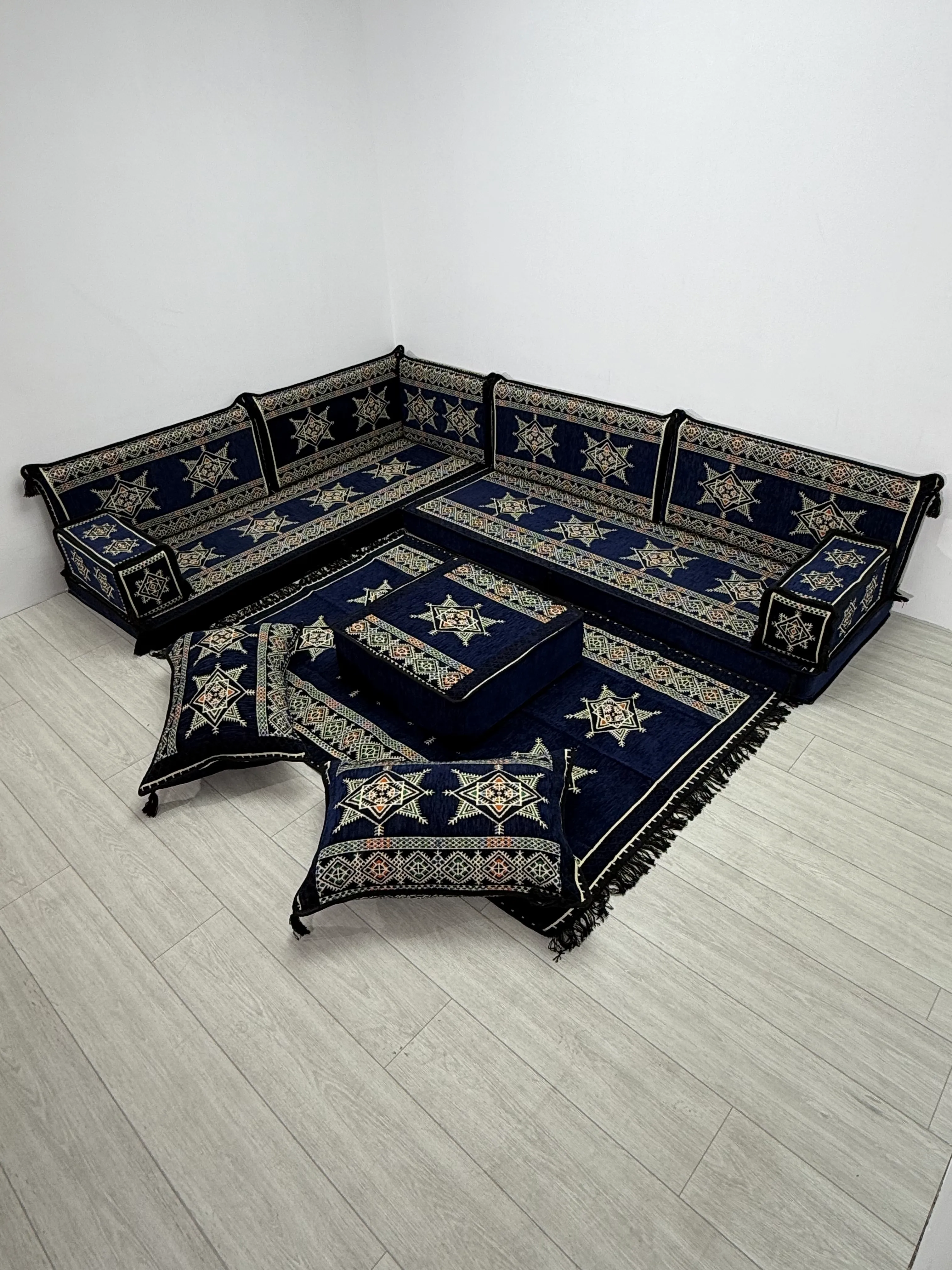 Yıldız Modeli Lacivert Otantik Şark Köşesi Takımı – L SET - Geleneksel Yer Minderi Seti (10 Cm Minder Kalınlığı) 