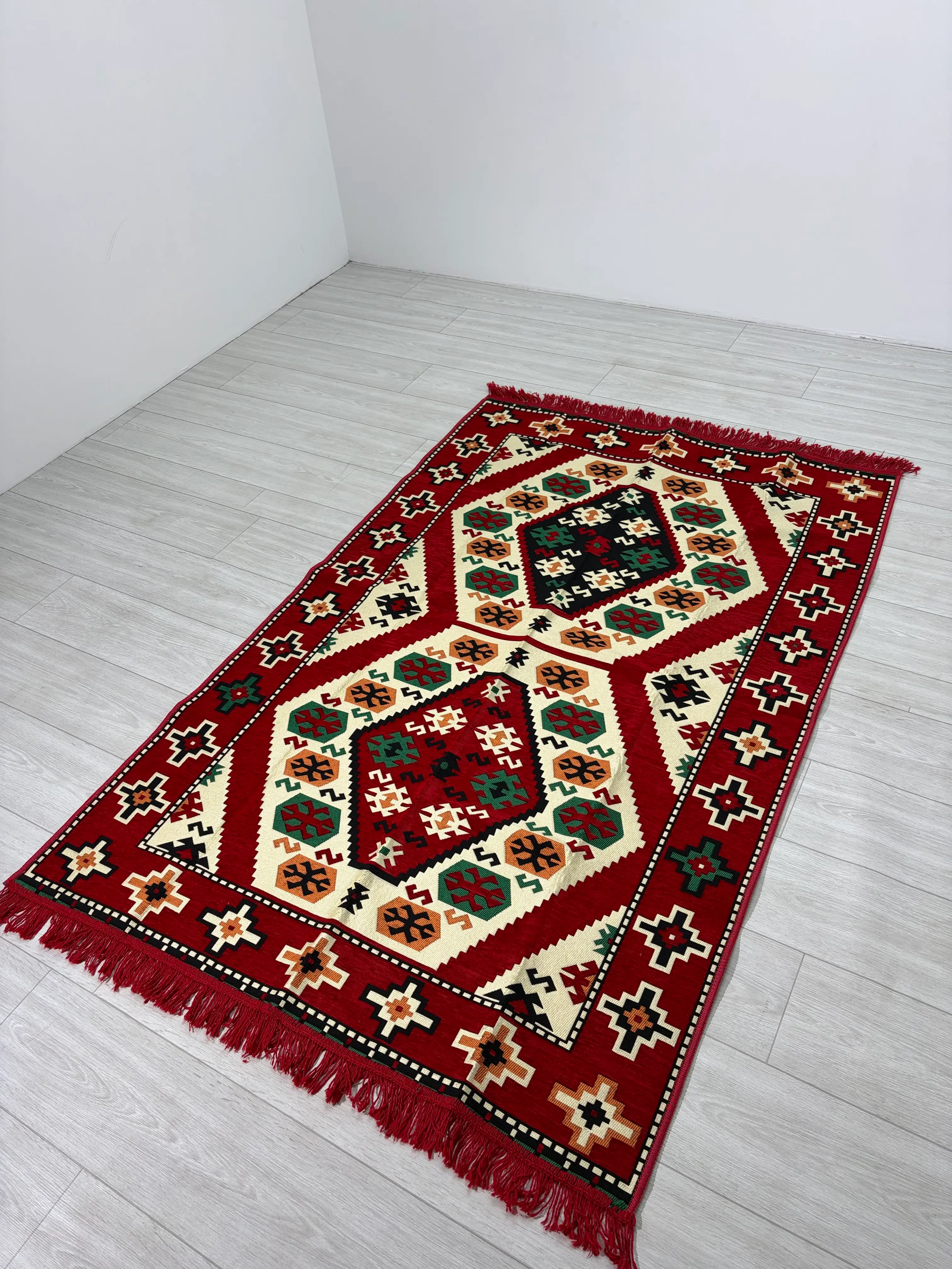 Pamuk Polyester Karışımlı Modern Otantik Kilim - Yörük Kırmızı Modeli Yıkanabilir Kilim