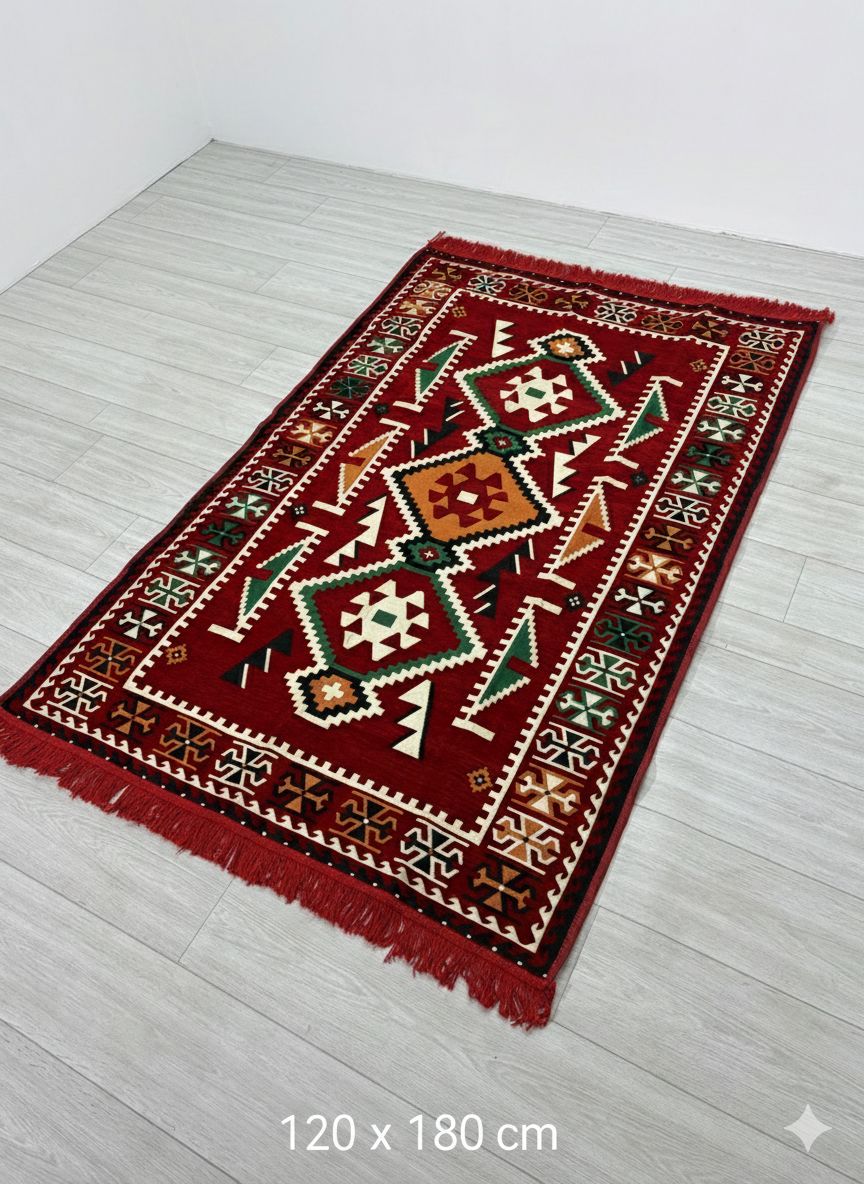 Pamuk Polyester Karışımlı Modern Otantik Kilim - Anadolu Kırmızı Modeli Yıkanabilir Kilim