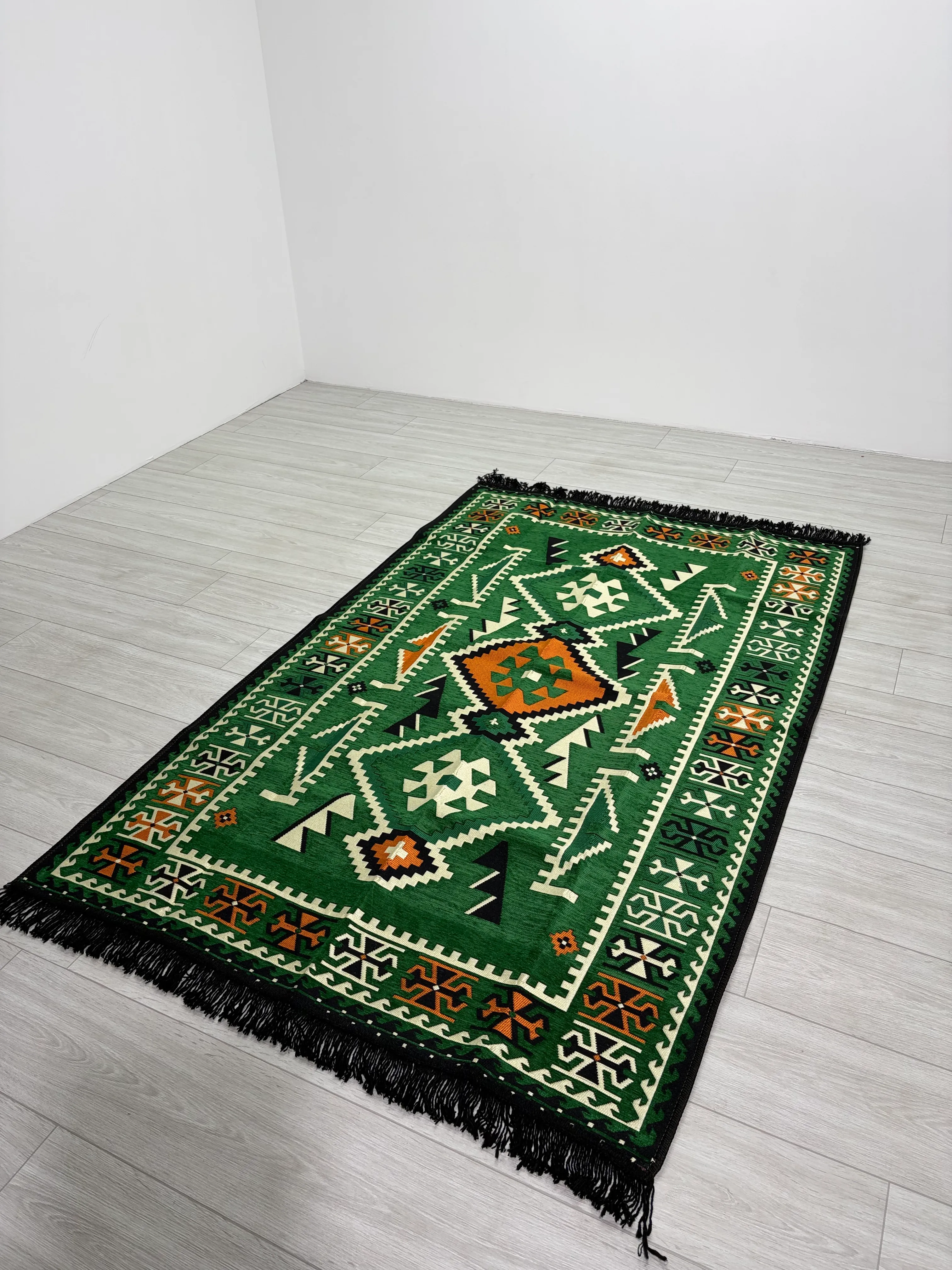 Pamuk Polyester Karışımlı Modern Otantik Kilim - Anadolu Yeşil Modeli Yıkanabilir Kilim