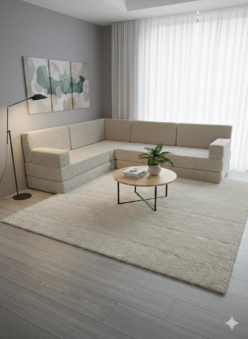 Premium Kadife Kumaş, Konforlu Yer Kanepesi ,Modüler Şark Köşesi Takımı - Krem- L SET