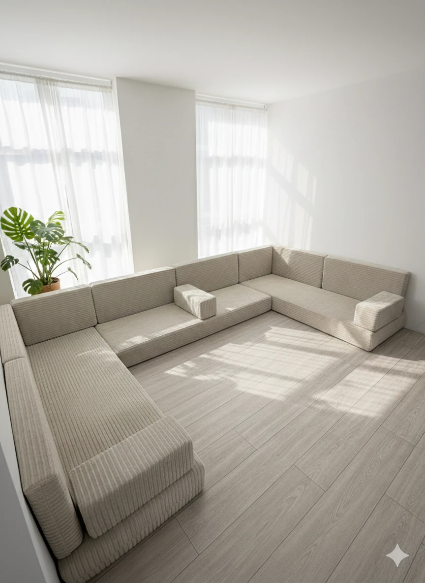 Premium Kadife Kumaş, Konforlu Yer Kanepesi ,Modüler Şark Köşesi Takımı - Krem- U SET