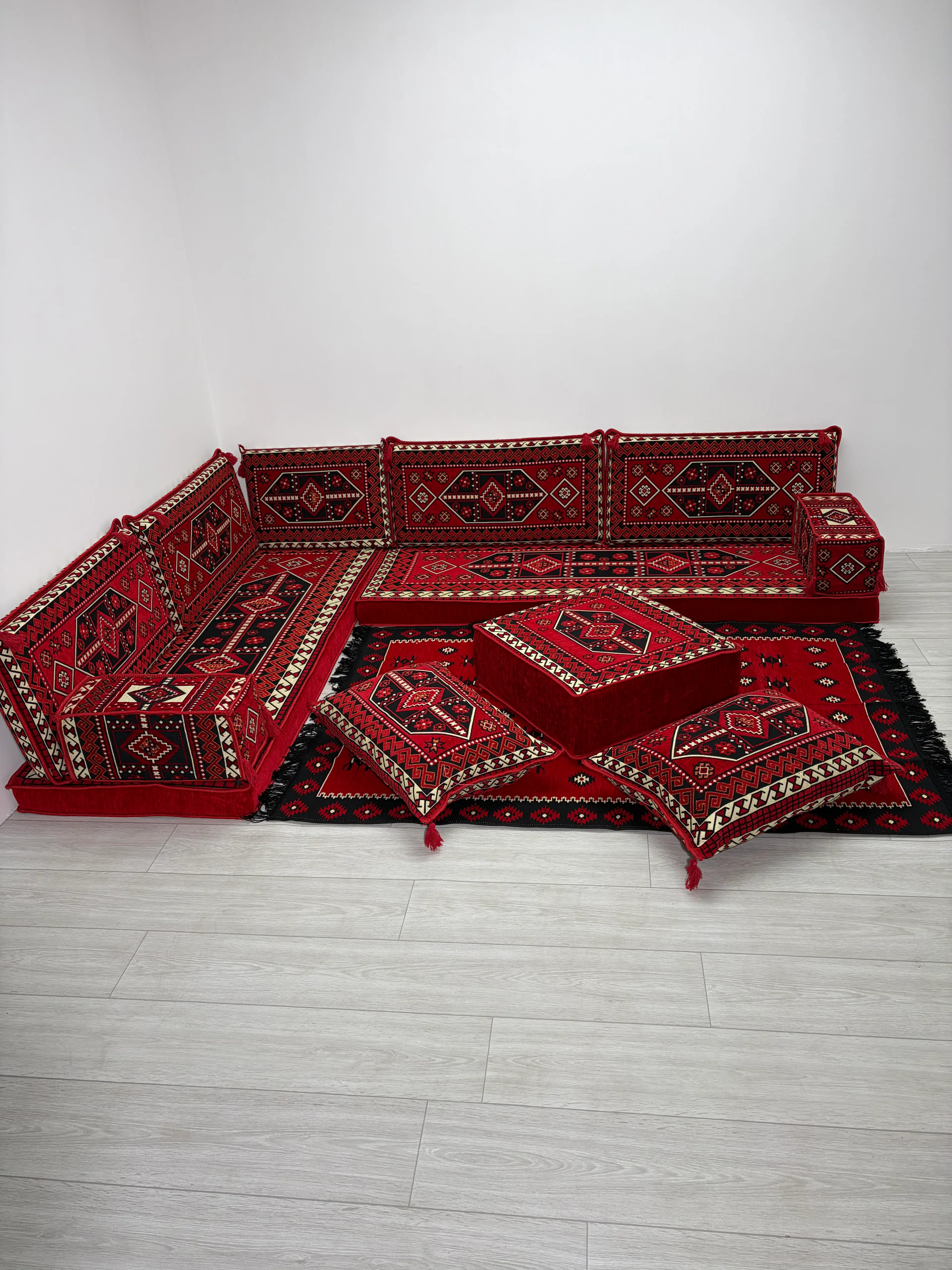 Sedir Deseni Şark Köşesi Takımı Yer Minderi Seti Sünger Dahil 13 Parça(Çökmeyen Sünger)