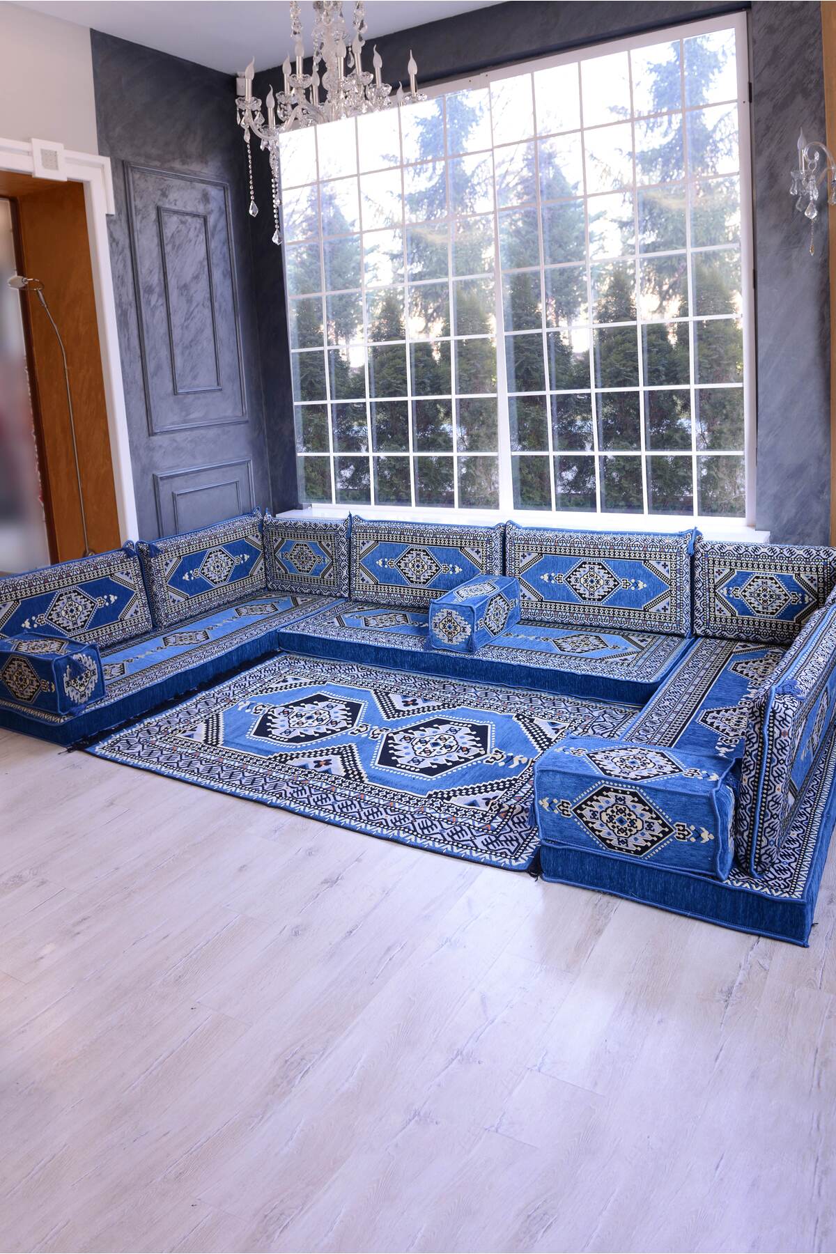 Şark Köşesi Takımı Konsepti Mavi Yahyalı Modeli Koltuk Takımı Sünger Dahil (15 Parça)