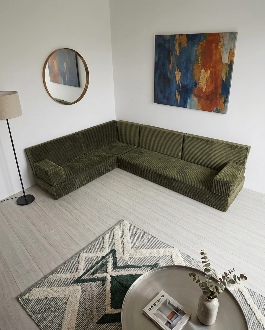 Premium Kadife Kumaş, Konforlu Yer Kanepesi ,Modüler Şark Köşesi Takımı - Yeşil- L SET