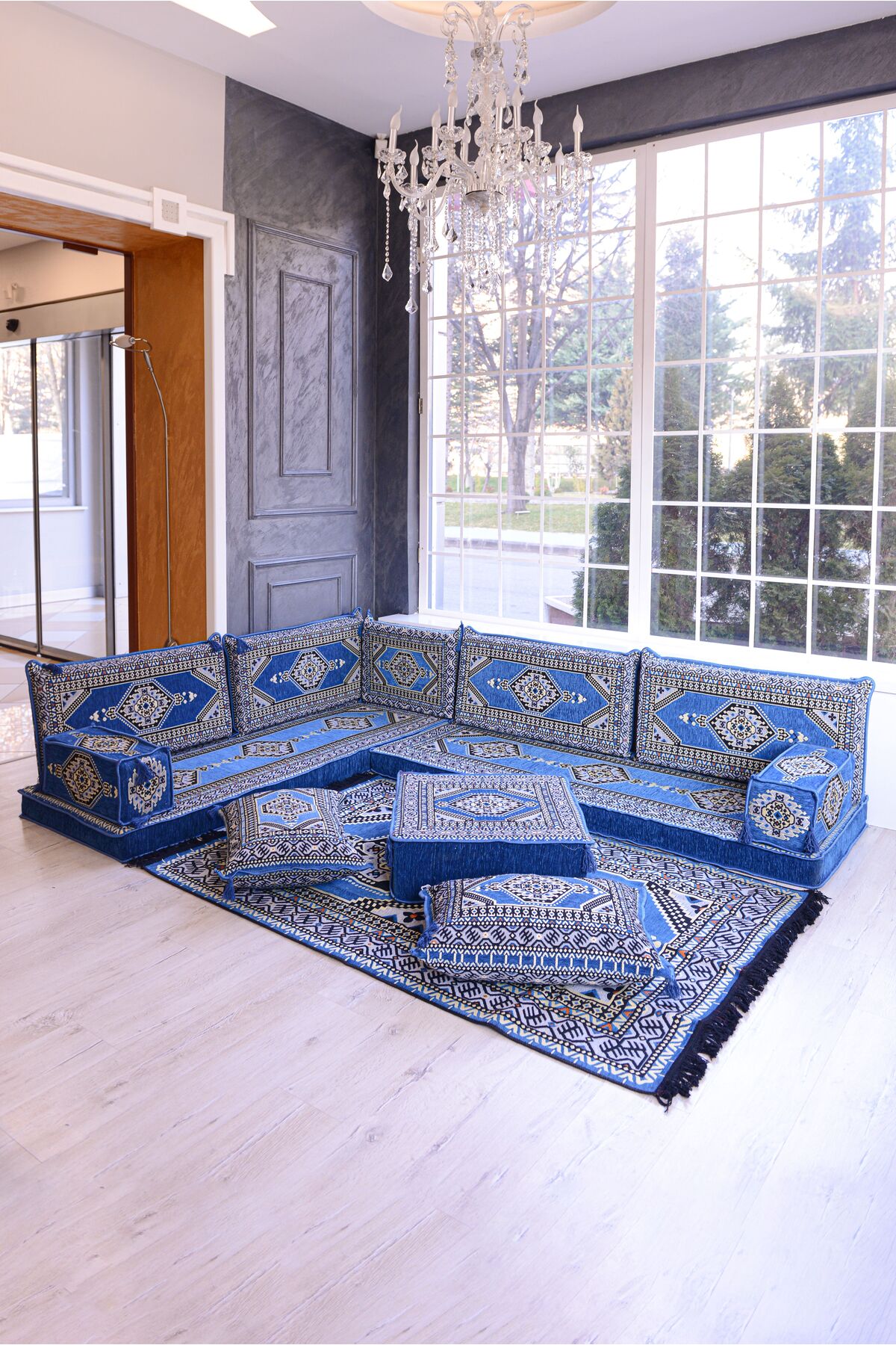 Şark Köşesi Takımı Konsepti Mavi Yahyalı Modeli Koltuk Takımı Sünger Dahil (13 Parça)