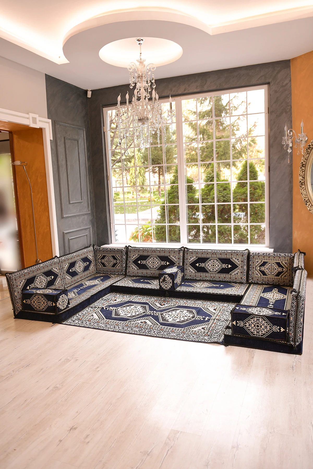 Şark Köşesi Takımı Konsepti Yahyalı Lacivert Modeli Koltuk Takımı Sünger Dahil (15 Parça)