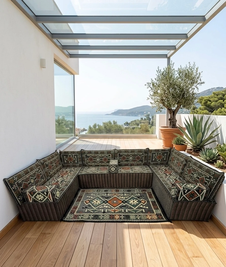 Gri Anadolu Modeli Şark Köşesi - 40 cm Kalın Süngerli Teras ve Balkon Sedir Takımı