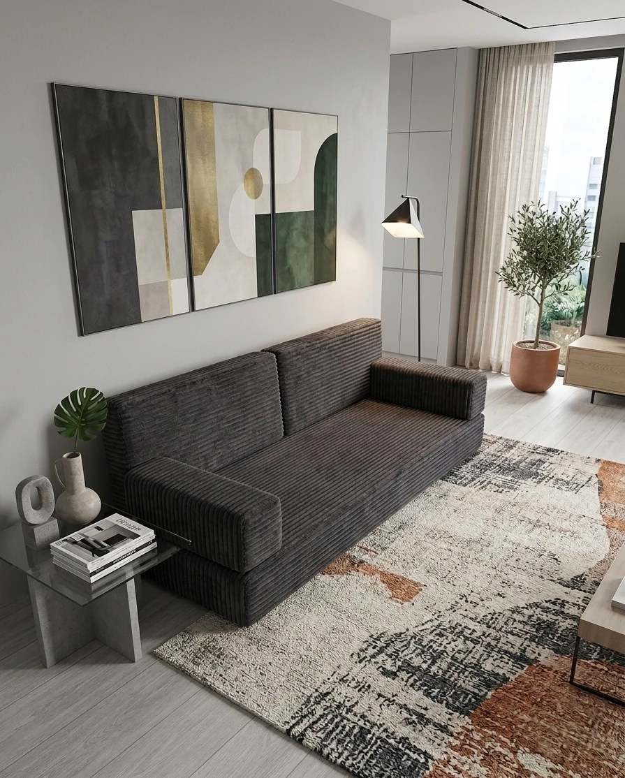 Premium Fitilli Kadife Kumaş, Modüler Dinlenme Koltuğu , Yer Yatağı ve Koltuk Takımı - Antrasit