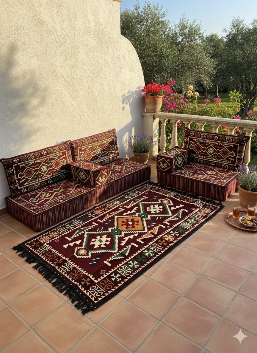 20 cm Kalınlıklı Şark Köşesi Takımı - 70x190 + 70x95 Anadolu Bordo Desenli Minder Seti