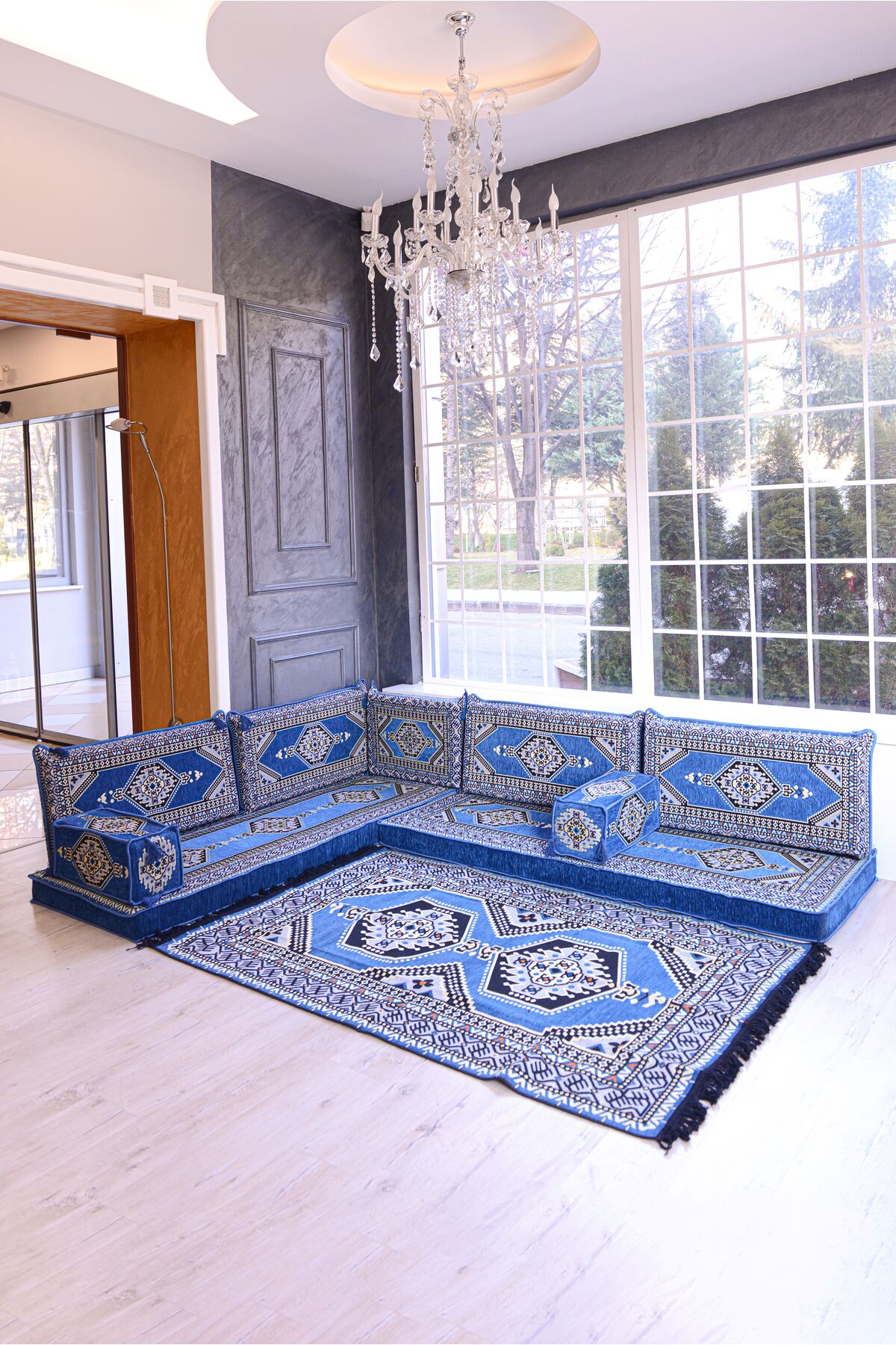 Şark Köşesi Takımı Konsepti Mavi Yahyalı Modeli Koltuk Takımı Sünger Dahil (10 Parça)