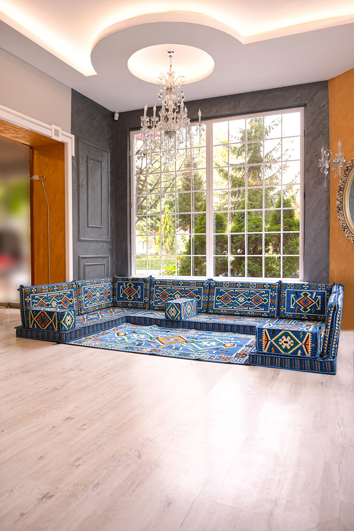 Şark Köşesi Takımı Konsepti Mavi Anadolu Modeli Koltuk Takımı Sünger Dahil (15 Parça)