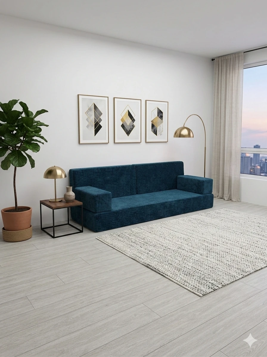 Premium Fitilli Kadife Kumaş, Modüler Dinlenme Koltuğu , Yer Yatağı ve Koltuk Takımı - Mavi