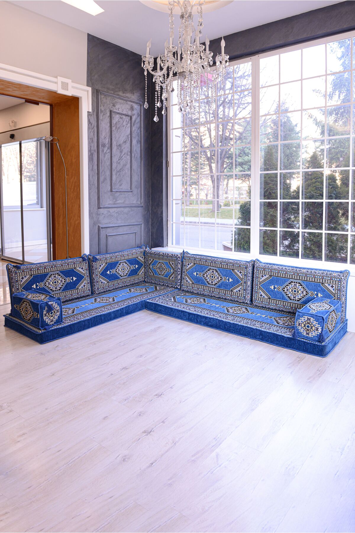 Şark Köşesi Takımı Konsepti Mavi Yahyalı Modeli Koltuk Takımı Sünger Dahil (9 Parça)