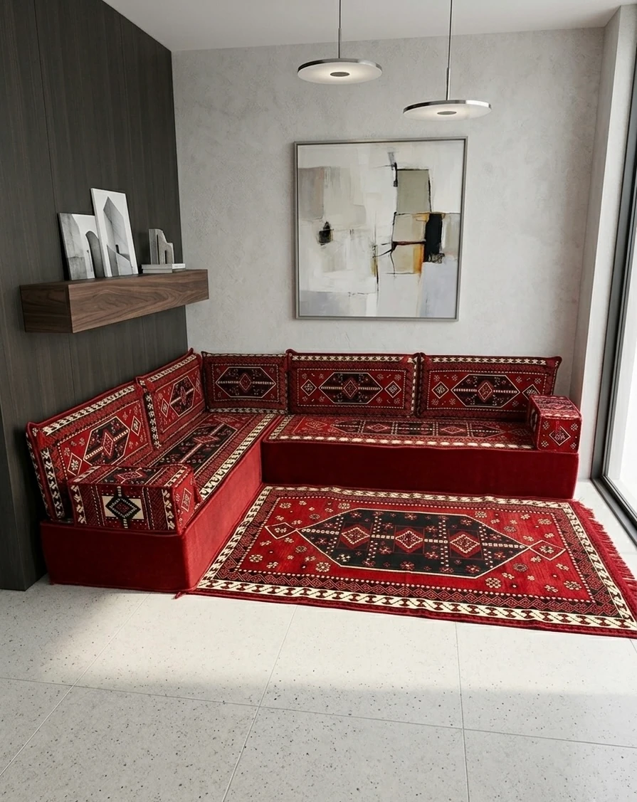 30 cm Yüksek Minderli Otantik Şark Köşesi Takımı Kırmızı Sedir Modeli 10 Parça