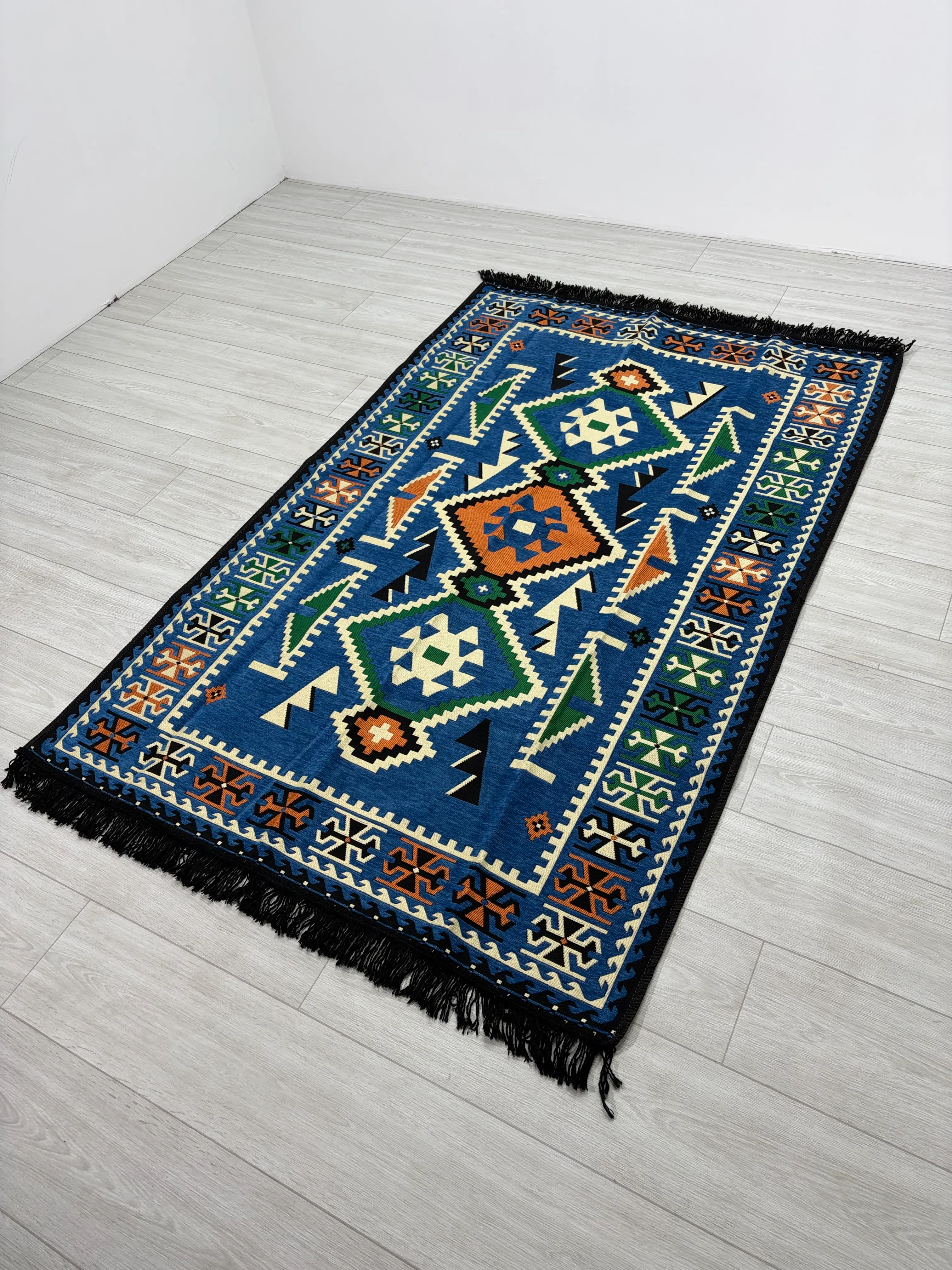 Pamuk Polyester Karışımlı Modern Otantik Kilim - Anadolu Mavi Modeli Yıkanabilir Kilim
