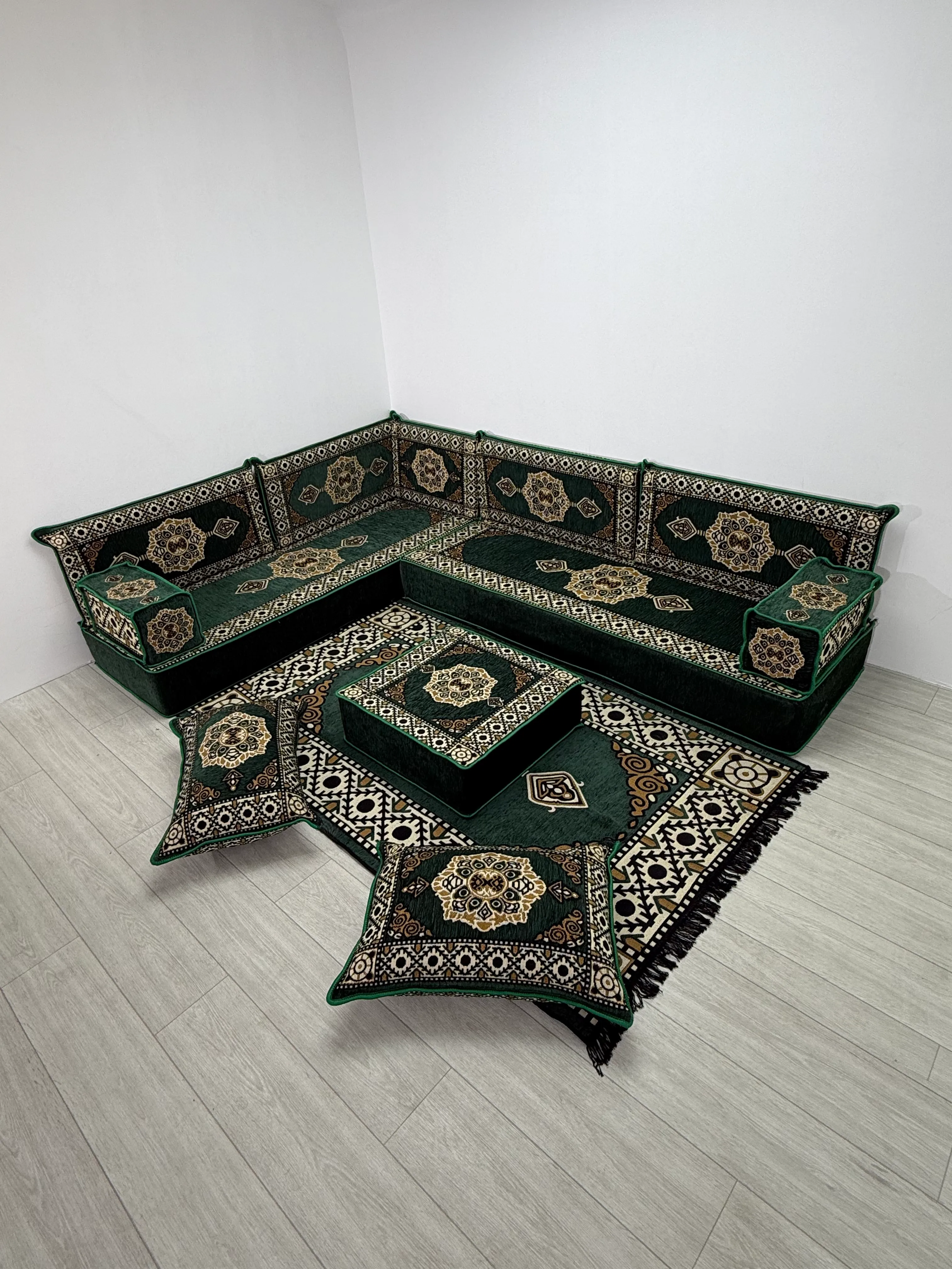 Güneş Modeli Yeşil Şark Köşesi Takımı 13 Parça - L SET - Geleneksel Yer Minderi Seti (20 Cm Minder Kalınlığı) 