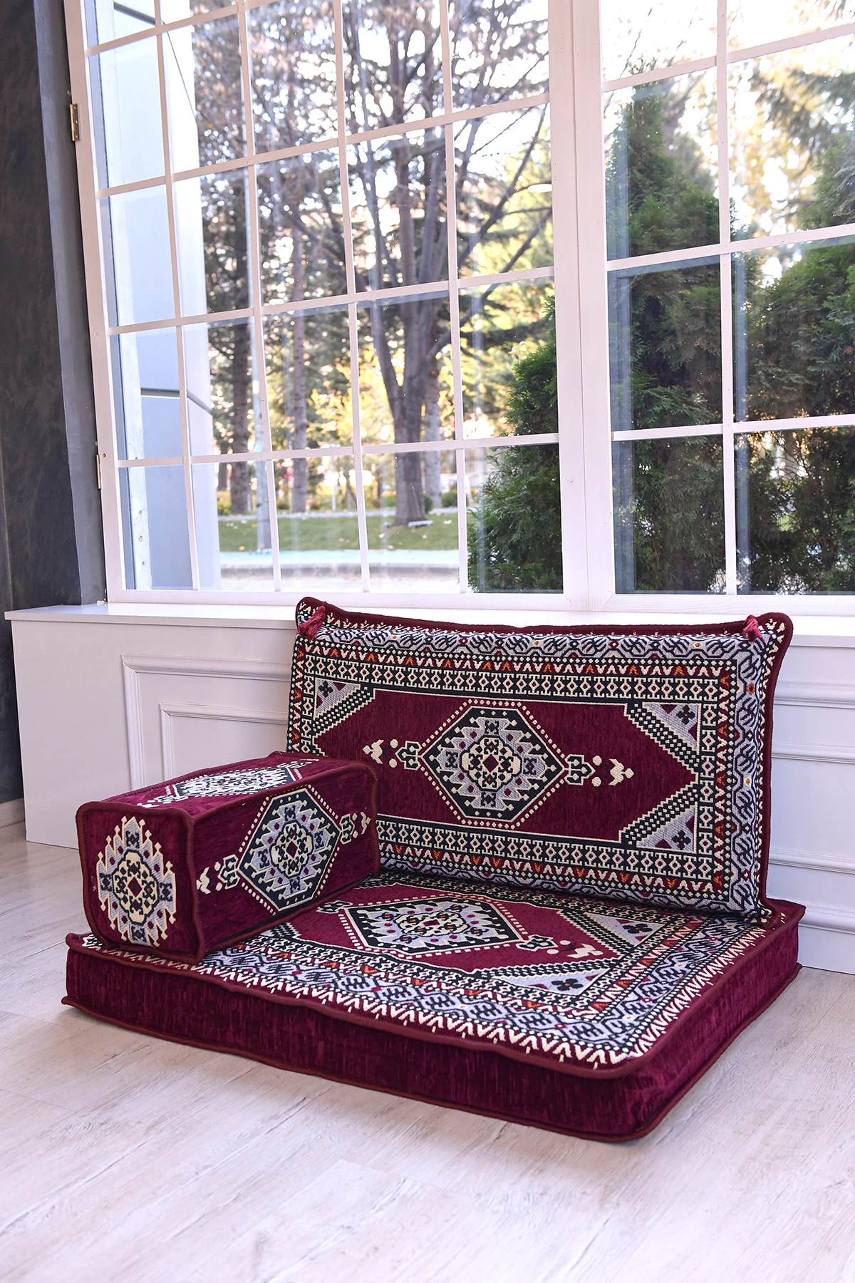 Şark Köşesi Takımı , 95 Cm Yer Minderi Takımı Bordo Yahyalı Modeli (3 Parça)