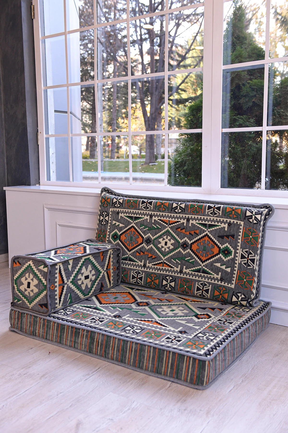 Şark Köşesi Takımı , 95 Cm Yer Minderi Takımı Anadolu Gri Modeli (3 Parça)