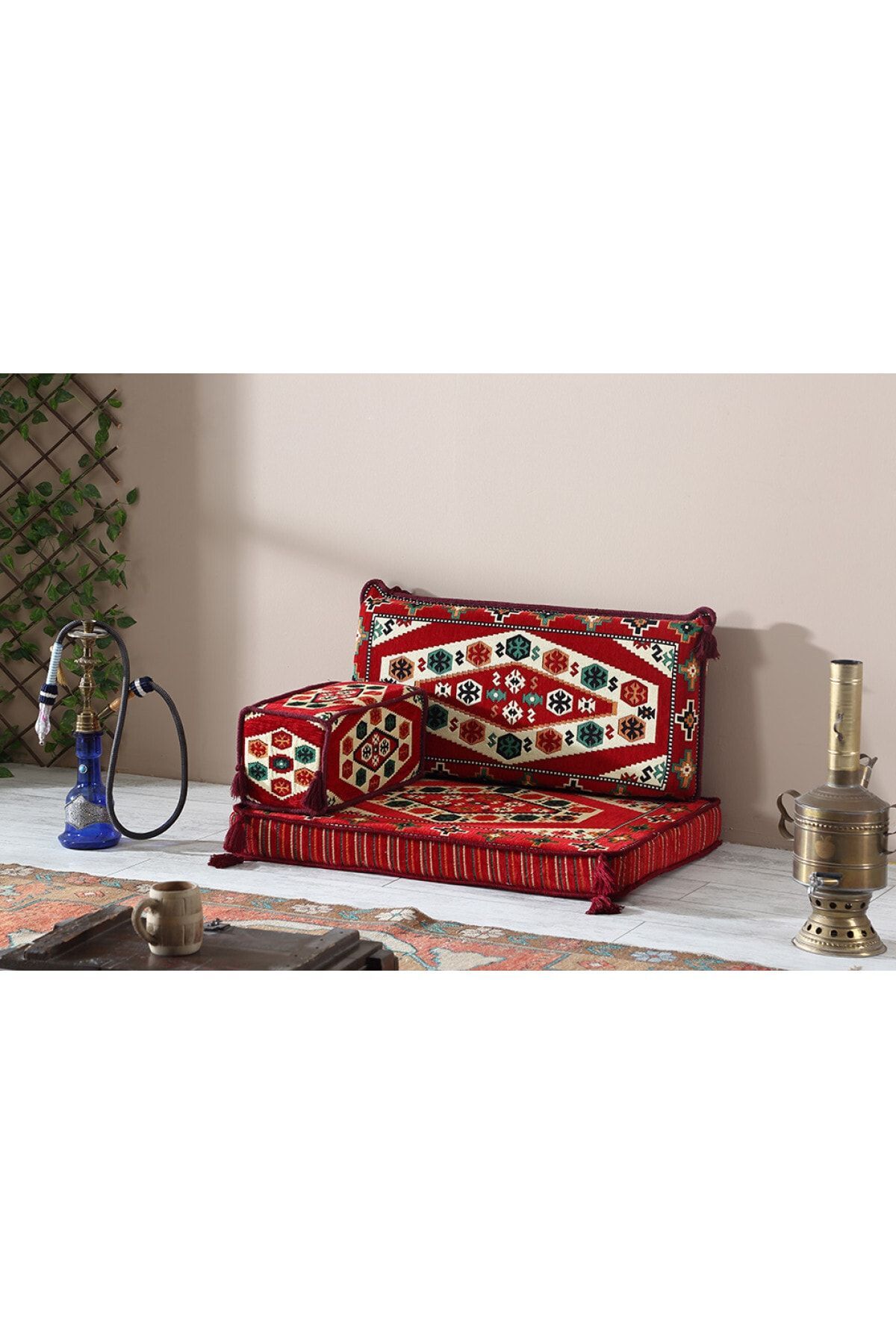 Şark Köşesi Takımı , 95 Cm Yer Minderi Takımı (sünger Dahil) Yörük Kırmızı Modeli (3 Parça)