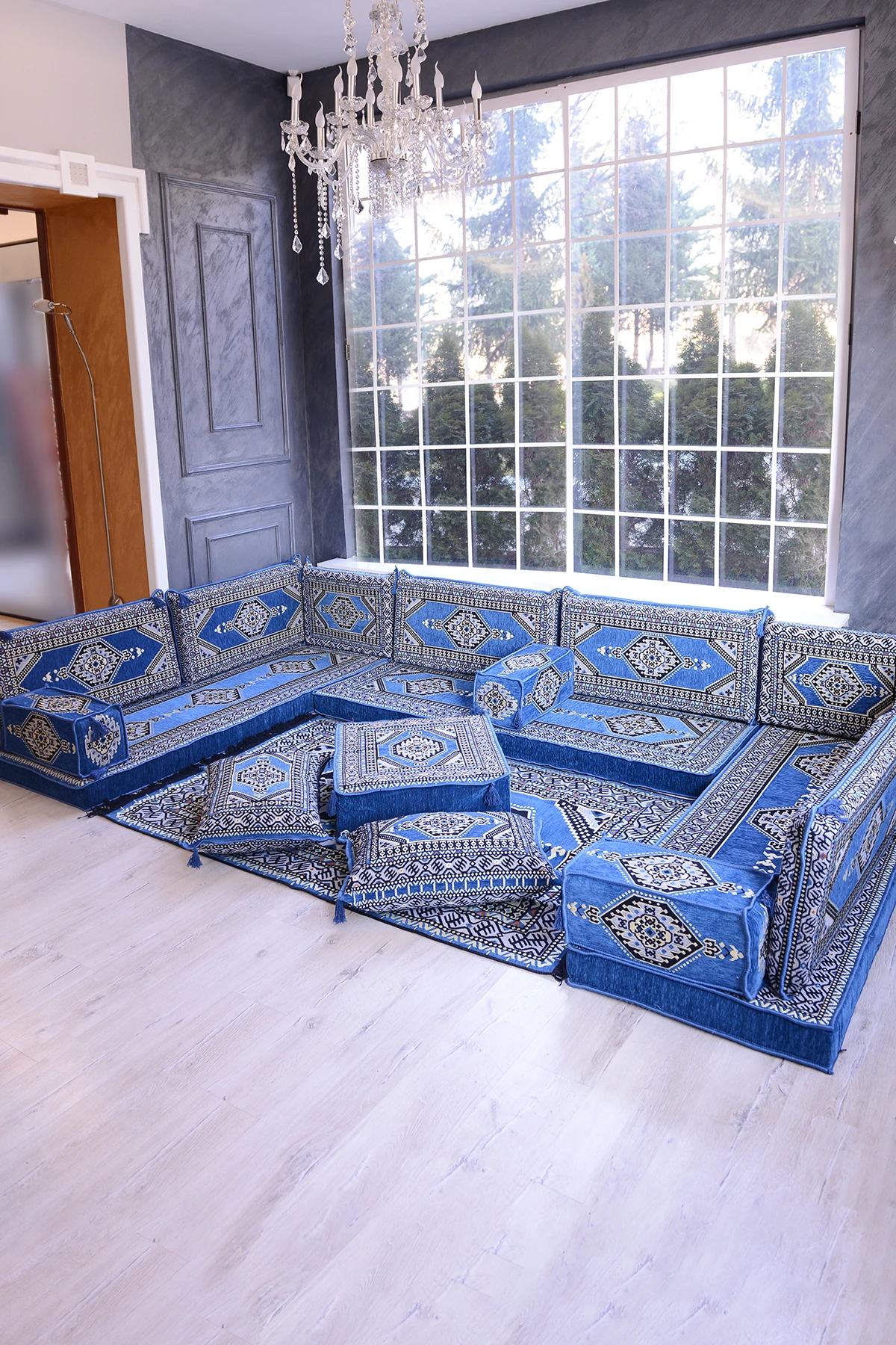 Şark Köşesi Takımı Konsepti Mavi Yahyalı Modeli Koltuk Takımı Sünger Dahil (18 Parça)