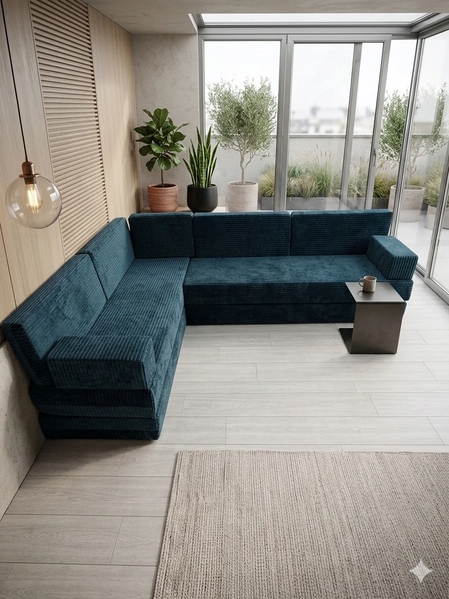 Premium Kadife Kumaş, Konforlu Yer Kanepesi ,Modüler Şark Köşesi Takımı - Mavi - L SET